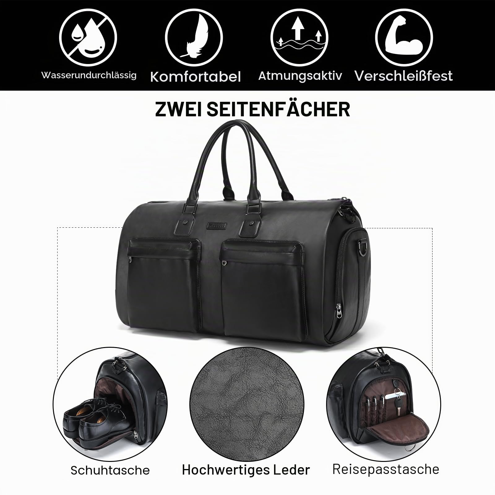 Modoker Wandelbarer Kleidersack aus Leder, Handgepäck für die Reise, wasserdichter Kleidersack, Geschenke für Männer, Frauen, Business – 2 in 1 hängender Koffer, Anzug, Reisetaschen, schwarz
