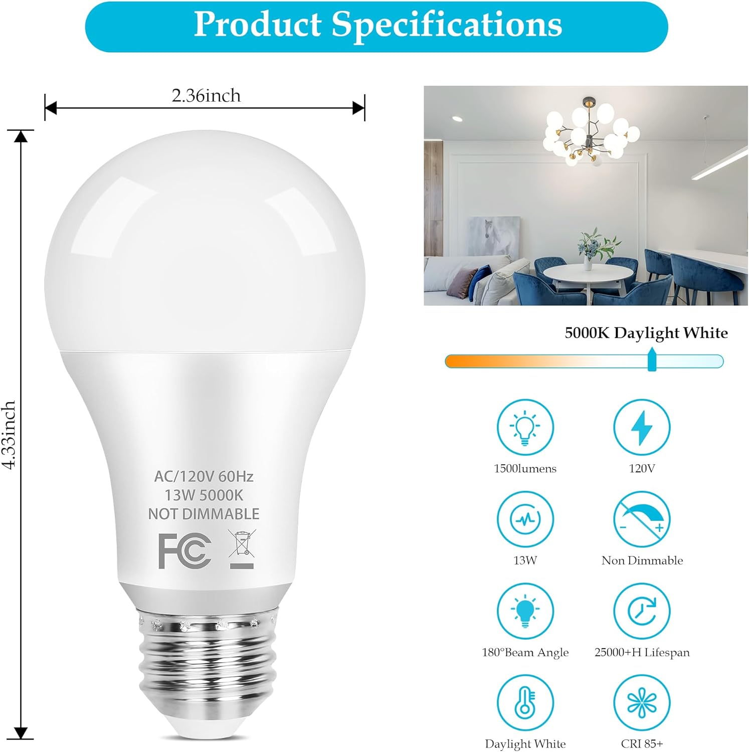 Diagram showing dimensions of the PARTPHONER A19 LED Light Bulb (2.36 inches width, 4.33 inches height).