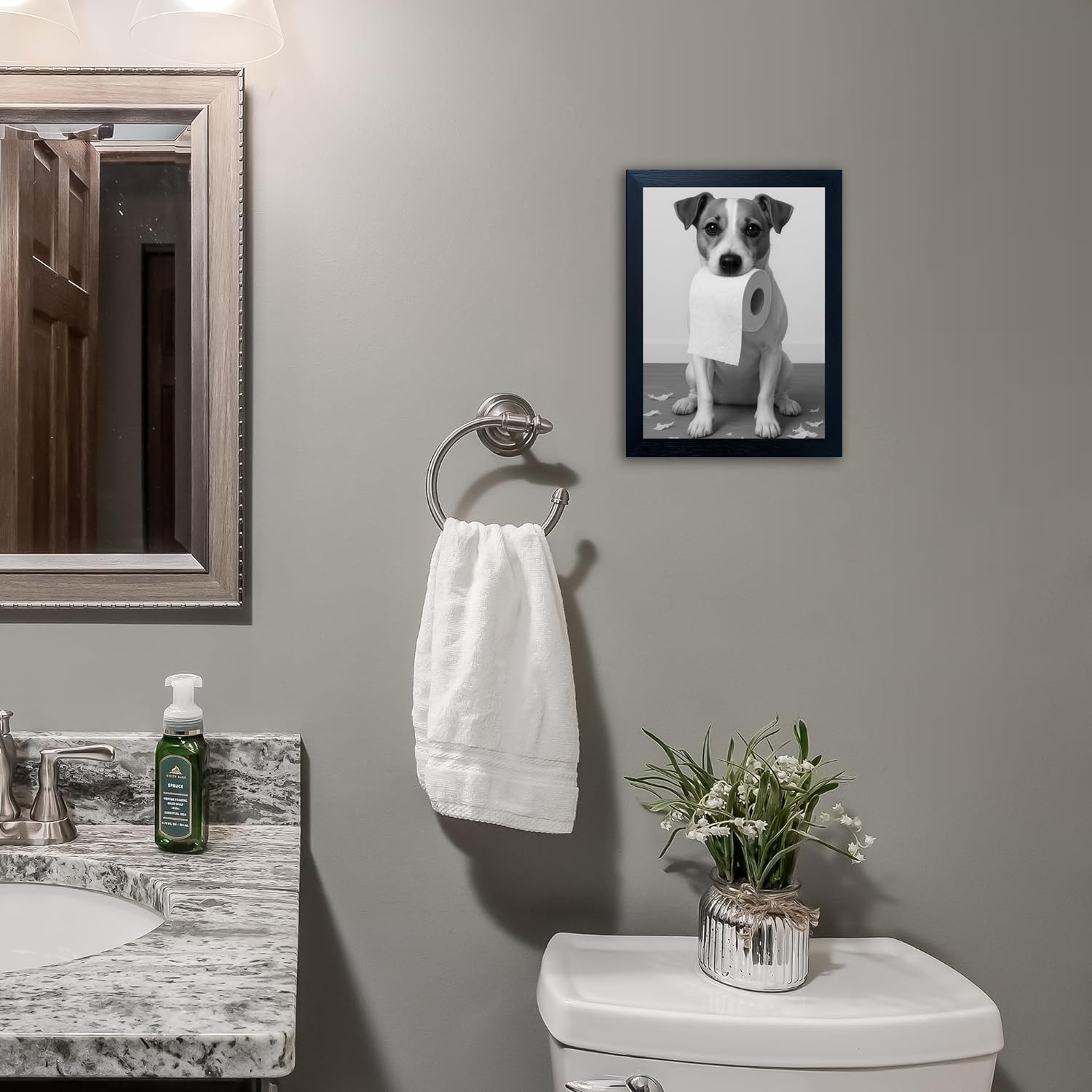 Framed Dog Canvas Print - Funny Bathroom Wall Art Featuring Playful Dog & Are You Pooping Sign, Black Frame Wall Decor for Farmhouse or Modern Bathroom, Ready to Hang 11x14 In