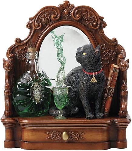 Veronese Design 8.5 pulgadas Lisa Parker Absinthe Fairy Black Cat Mirror con cajón Polyresin pintado a mano estatuilla animal escultura