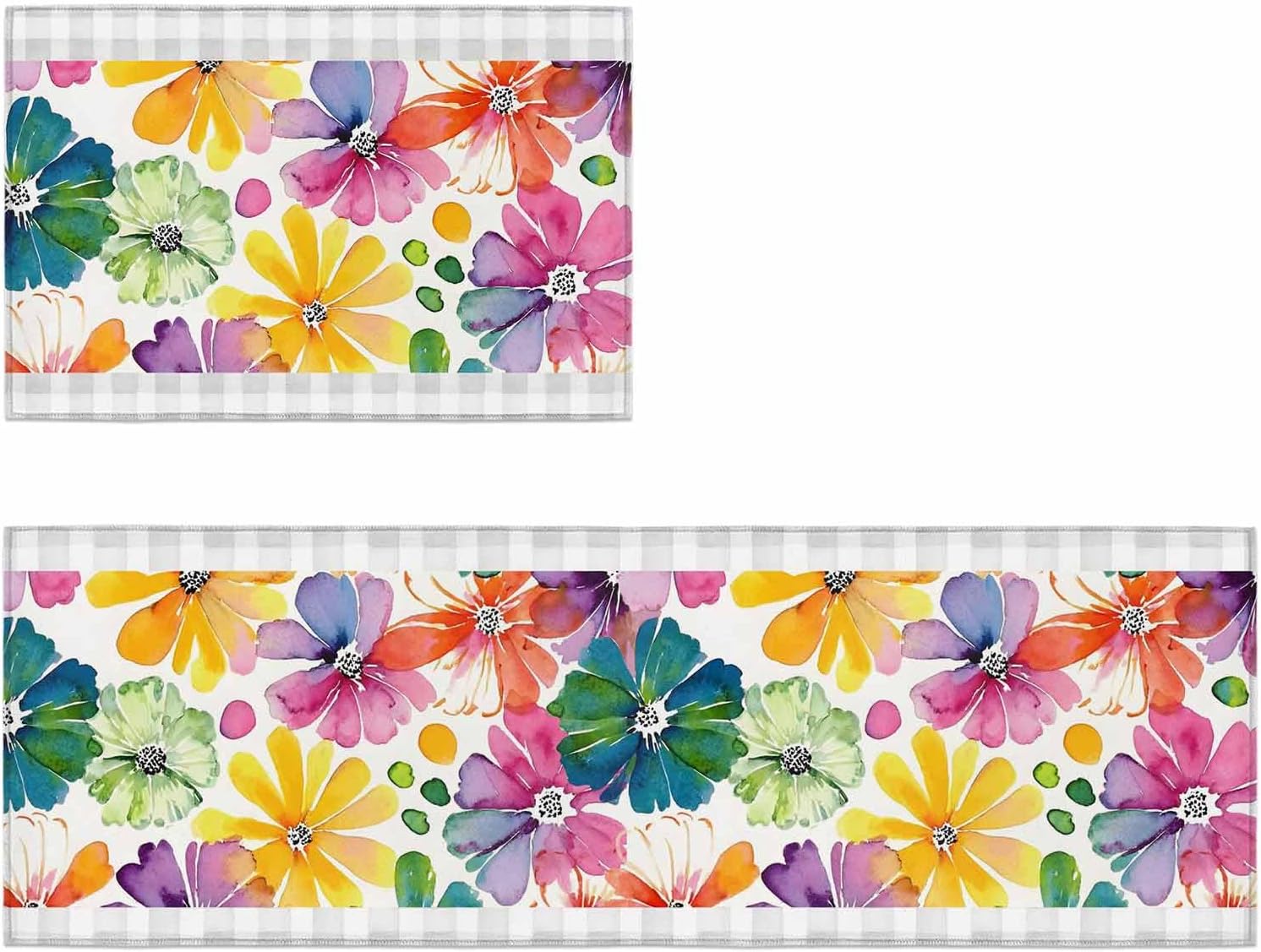 Kitchen Mats for Floor Watercolor Farm Flowers Washable Non Slip Kitchen Rugs 2PCS, Floral Art on Gray Plaid Absorbent Standing Mats for Sink Bathroom Office Living Room 15.7x23.6in+15.7x47.2in