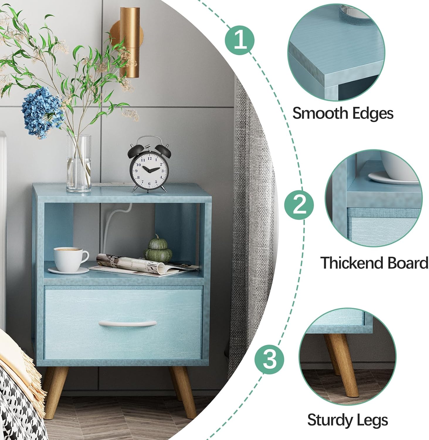 Night Stand with Charging Station, Blue Nightstand with Drawer, 2-Tier Wooden Bedside Table with USB Ports and Outlets, End Table for Small Space, Living Room, Bedroom