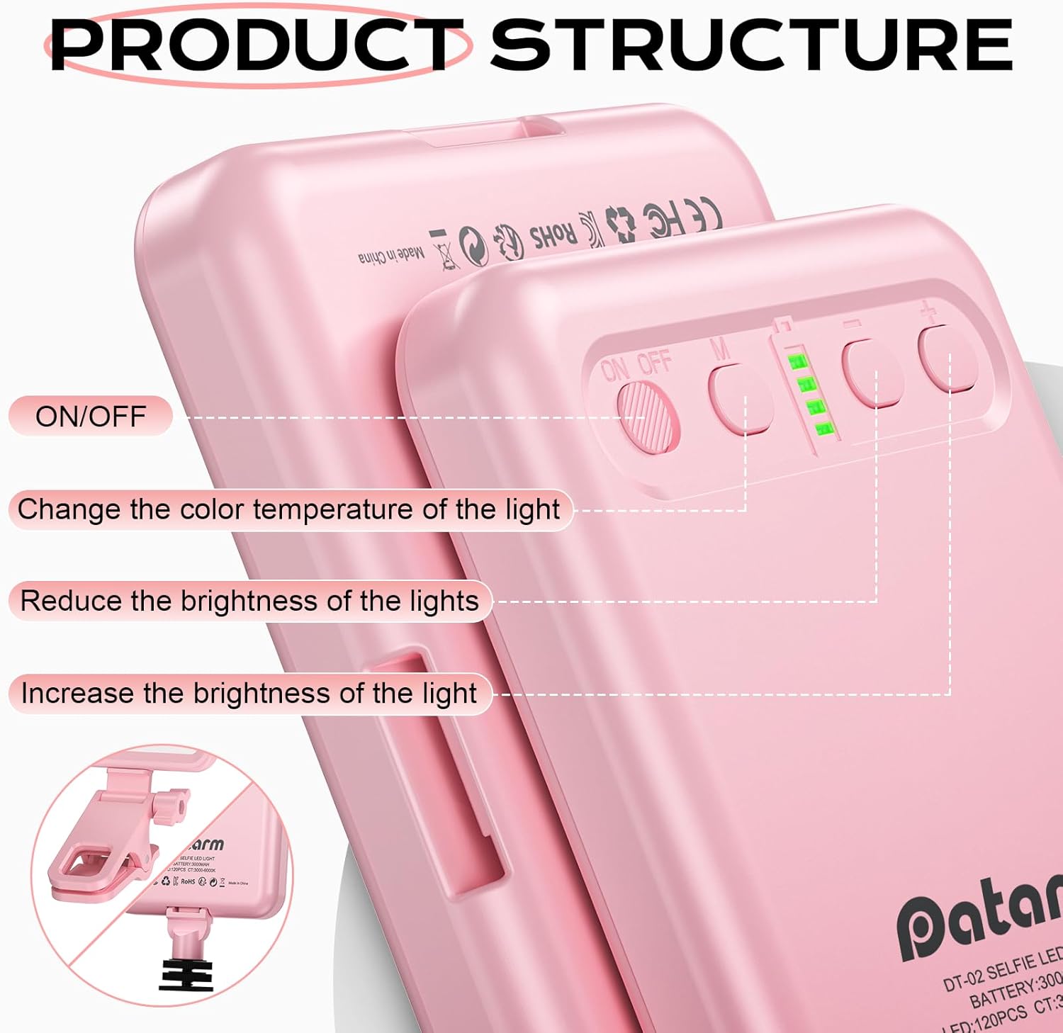 Close-up of the Datarm DT-02 Selfie Light's control panel, indicating ON/OFF, mode (M), brightness increase (+), and brightness decrease (-) buttons.