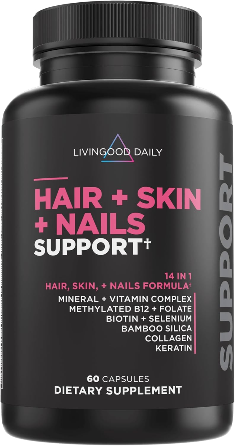 Livingood Daily Hair, Skin & Nails Supplement, 14-in-1 Formula with Biotin, Collagen, Keratin, Bamboo, Selenium, Folate, B12, Zinc and More, Beauty Supplement for Women & Men, Gluten Free, 60 Capsules