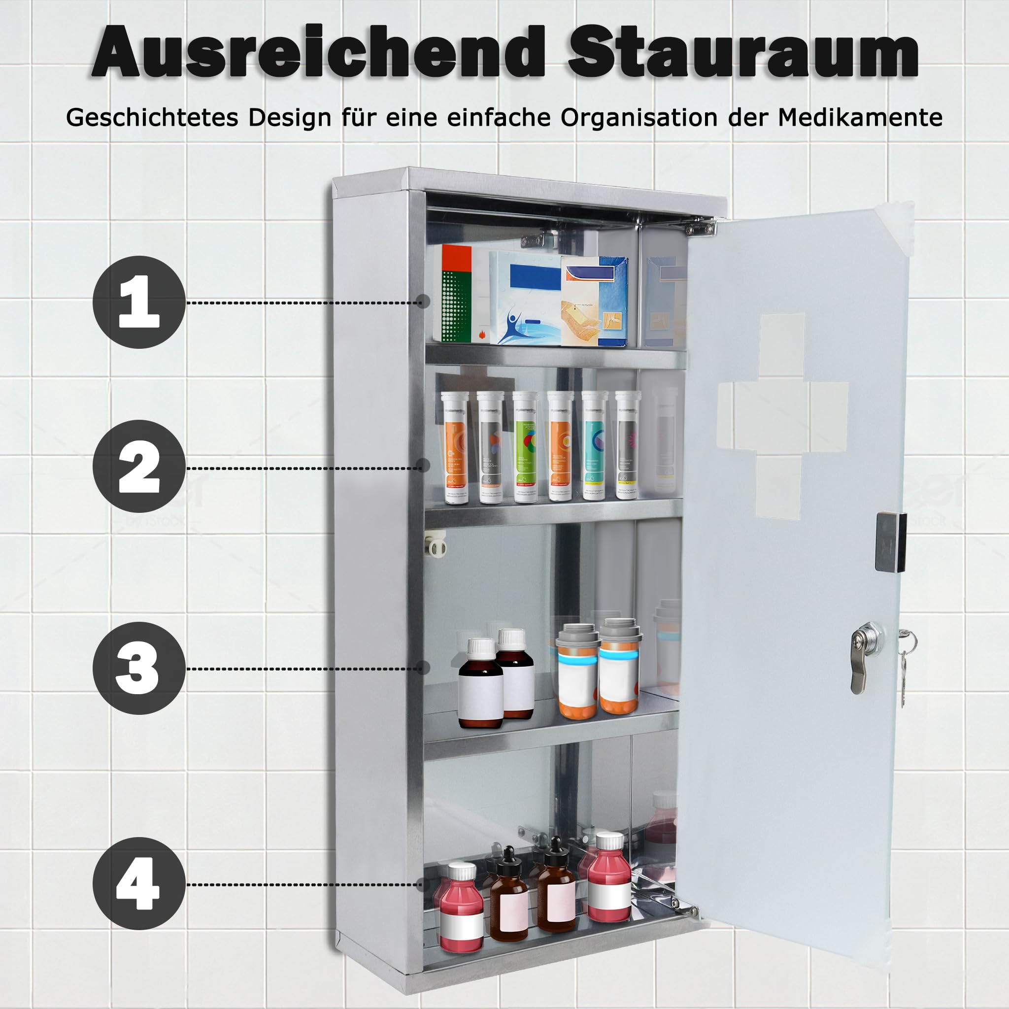 UISEBRT Armadio per medicinali in acciaio inox, 30 x 12 x 57,5 cm, 4 Scomparti, Richiudibile, Armadietto Porta Medicinali, Armadietto Pronto Soccorso, con 2 chiavi, Argento