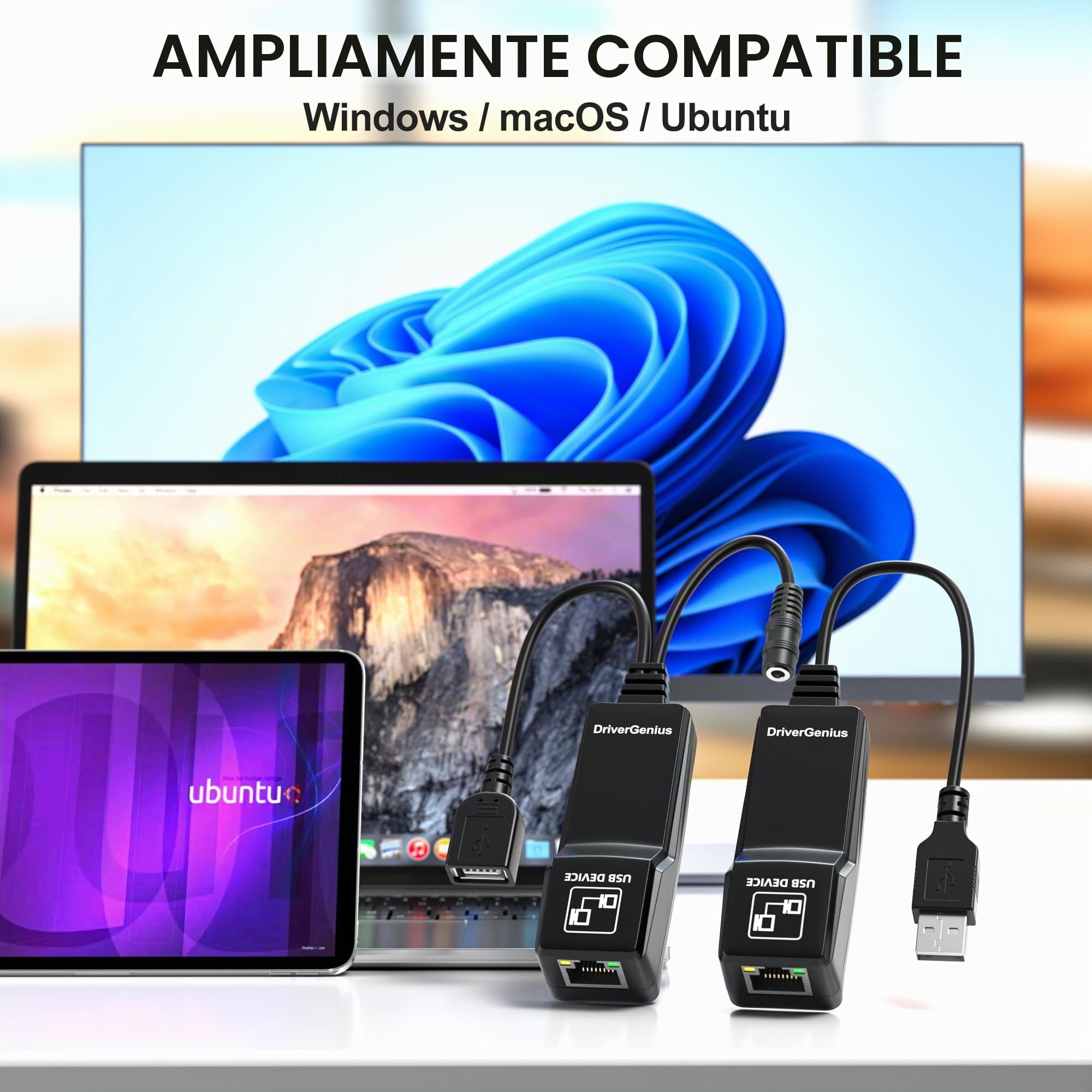 DriverGenius Xtend-B| Extensor USB 2.0 1-Puerto 480Mbps 50m sobre Ethernet CAT5, Compatible con PC/Mac/Linux, para Oficina, Educación, Atención Sanitaria e Industria
