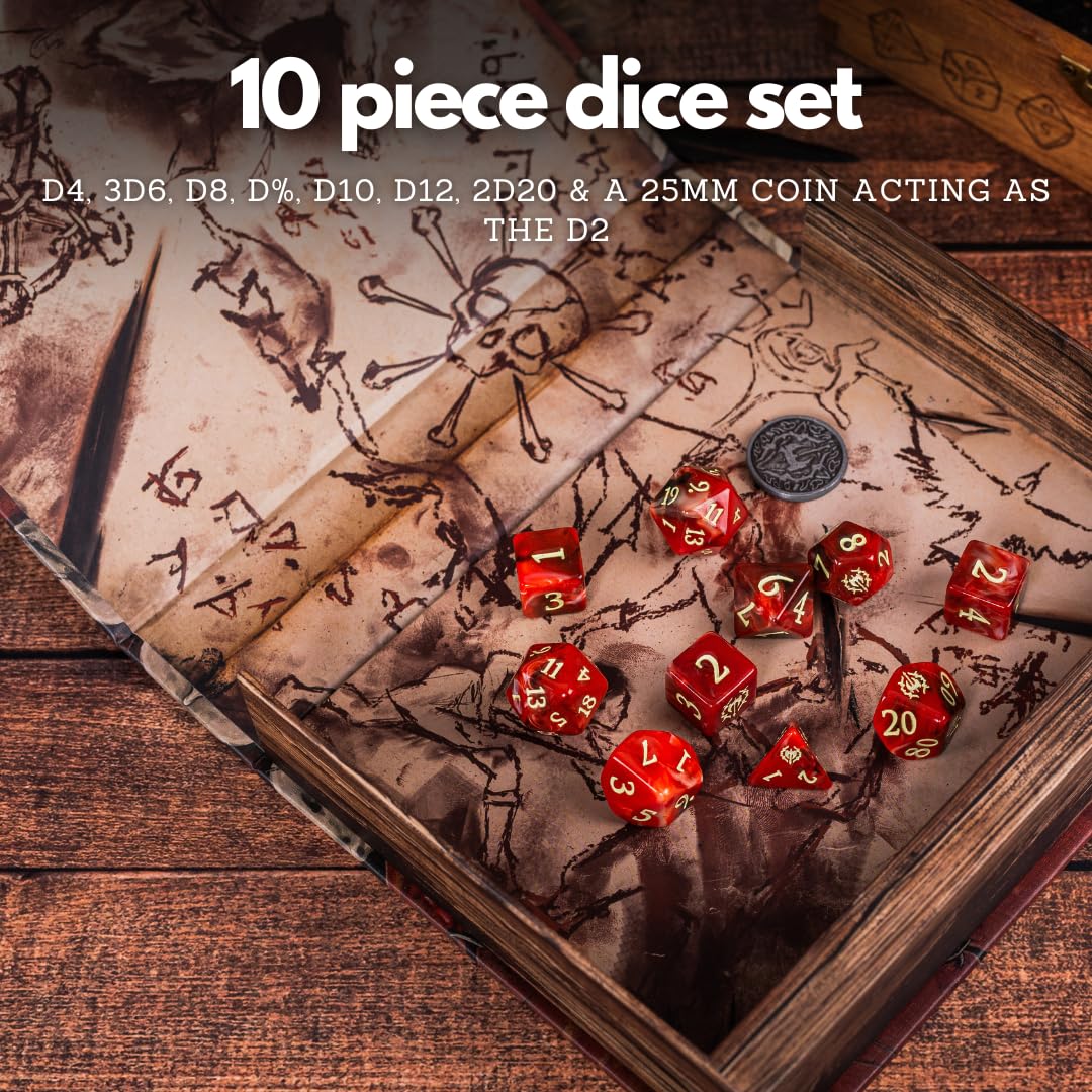 Juego de dados y caja de dados de 10 piezas con temática bárbara para almacenamiento y viajes o coleccionables para Dungeons & Dragons, Pathfinder o cualquier juego TTRPG