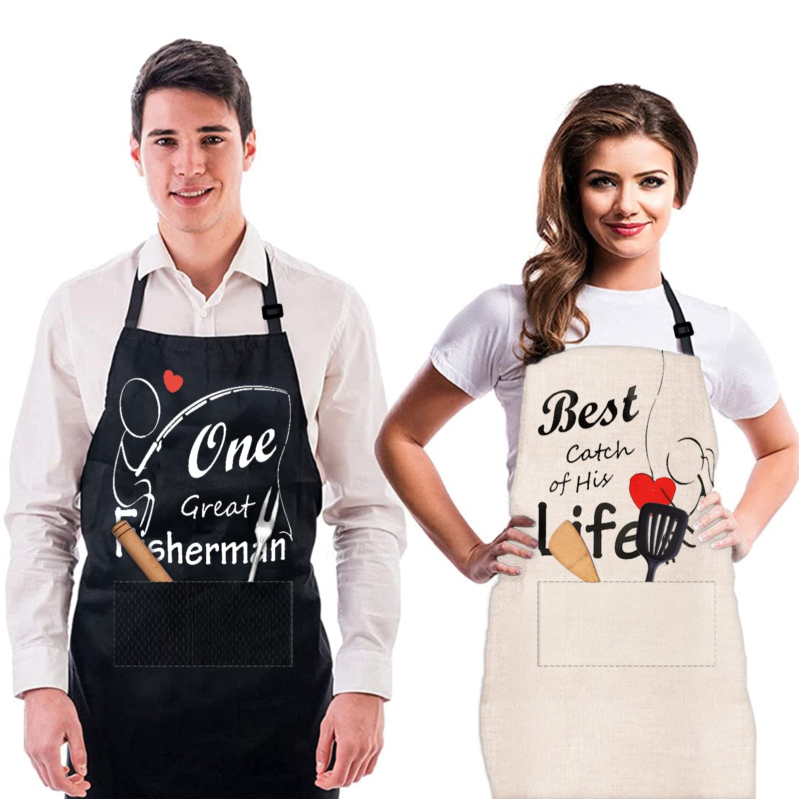 2 Pack Couple Aprons Set Kitchen Aprons for Men Women with Pocket Adjustable Neck Strap Chef Cooking Apron