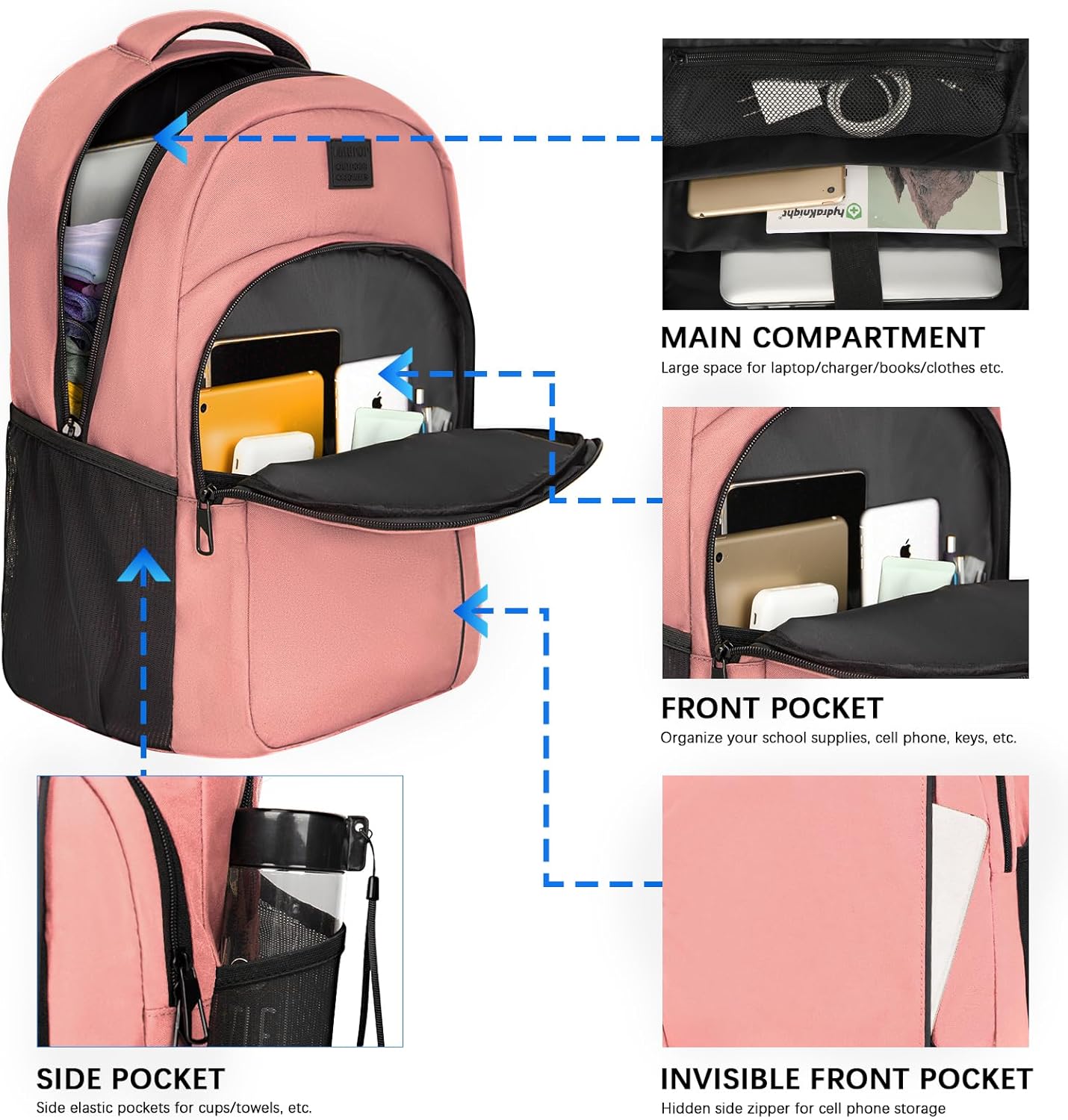 LARIPOP Carry On Backpack for Airplane, 17.3 Inch Laptop Backpack with USB Charging Port, Water Resistant Business Travel Backpack, Lightweight College School Bookbag Anti Theft for Men Women, Flesh