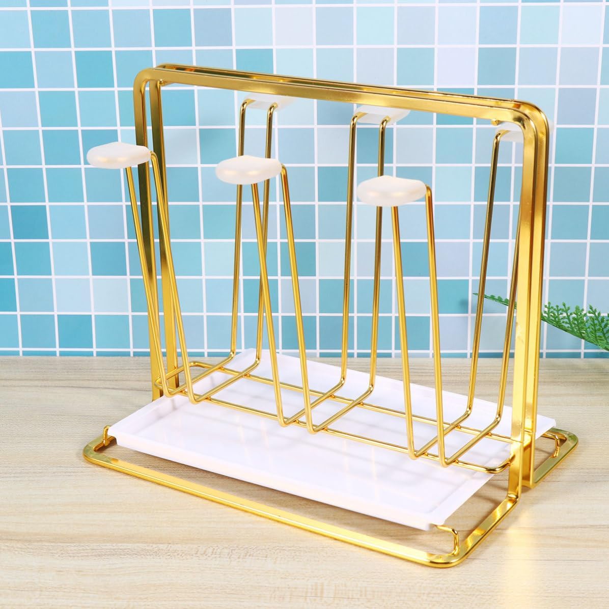 Mipcase Cup Drying Rack Square Base Design Organizer with 6 Hooks and Detachable Drip Tray, Iron Bottle Drying Stand with Non-Slip Bottom for Glass and Accessories at Home or Hotel