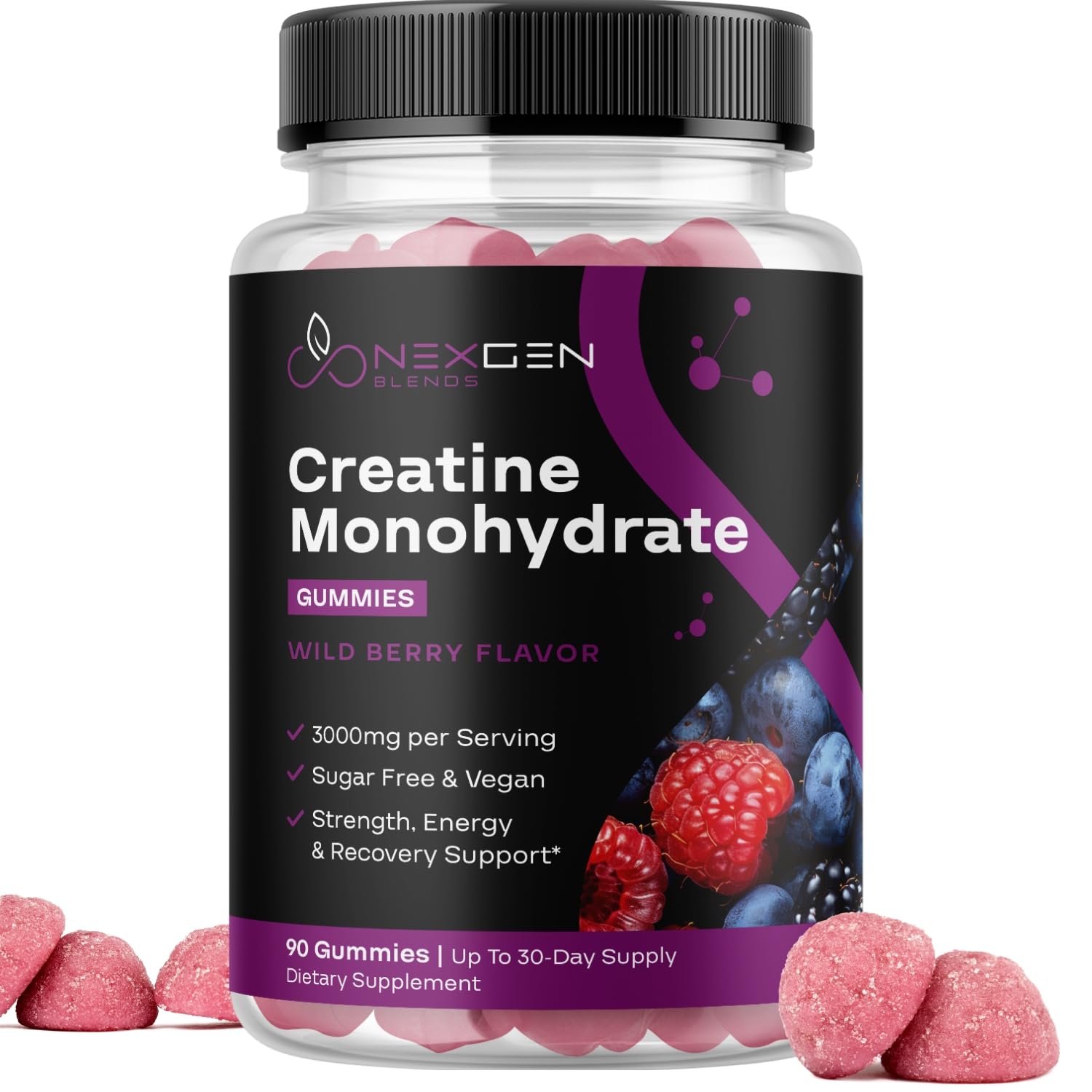 Sponsored Ad - Sugar Free Creatine Monohydrate Gummies for Energy & Recovery - Vegan, 3000mg per 3 Chews, Wild Berry Flavor (30 Servings)