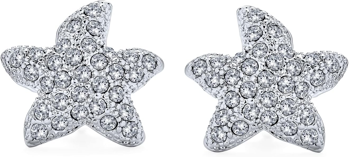Bling Jewelry Nautical Beach Pave Crystal Starfish Clip On Earrings For Women Non Pierced Ears Rhodium Plated
