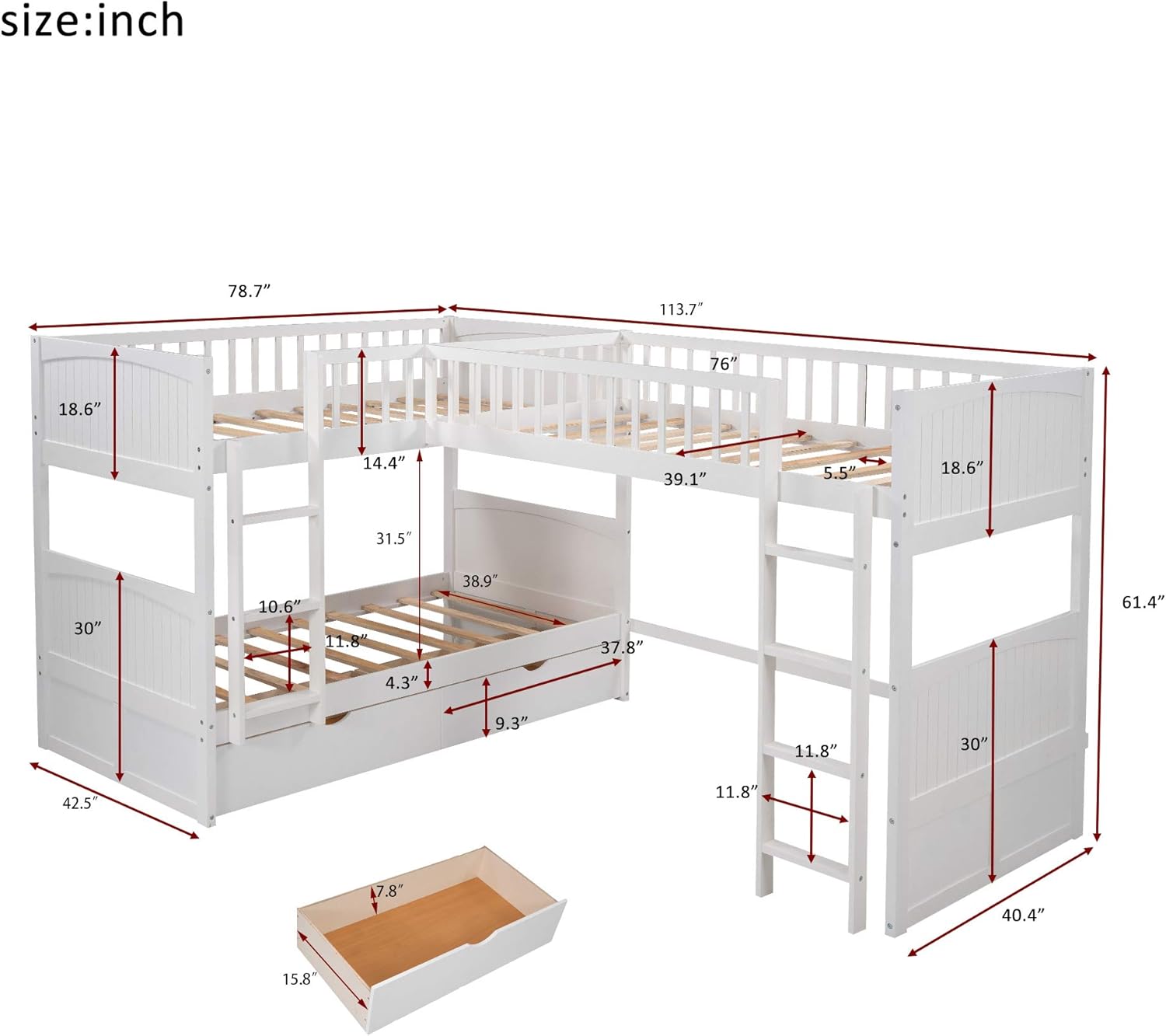 Merax L Shaped Solid Wood Bunk Bed, Twin Over Twin Over Twin Bed with 2 Drawers and 2 Ladders, Twin Size Bunk Bed with a Loft Bed Attached, White