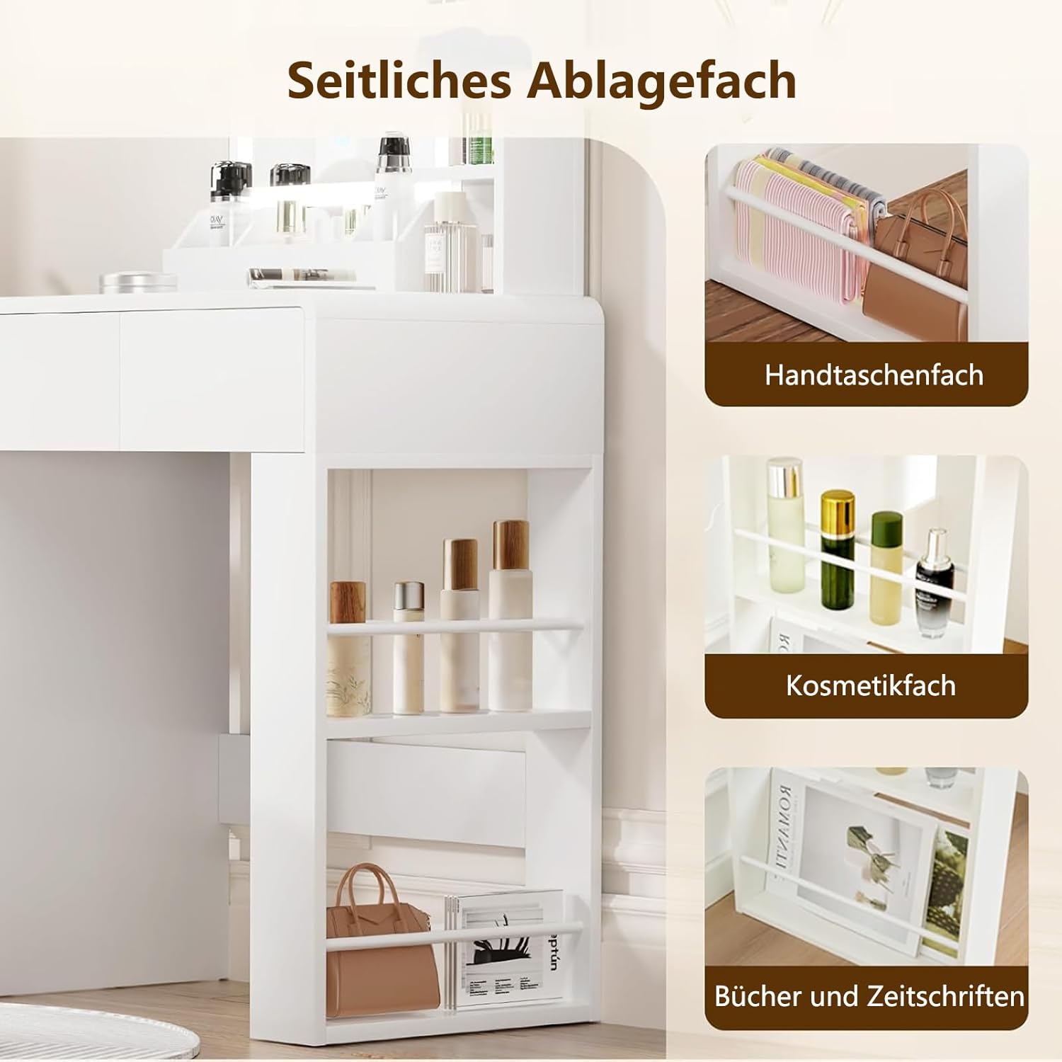 Vanity, Small Vanity Desk with Mirror and Lights, Side Shelf Storage Space, Compact Girls Dressing Table in Bedroom, Modern Round Curved Design, White