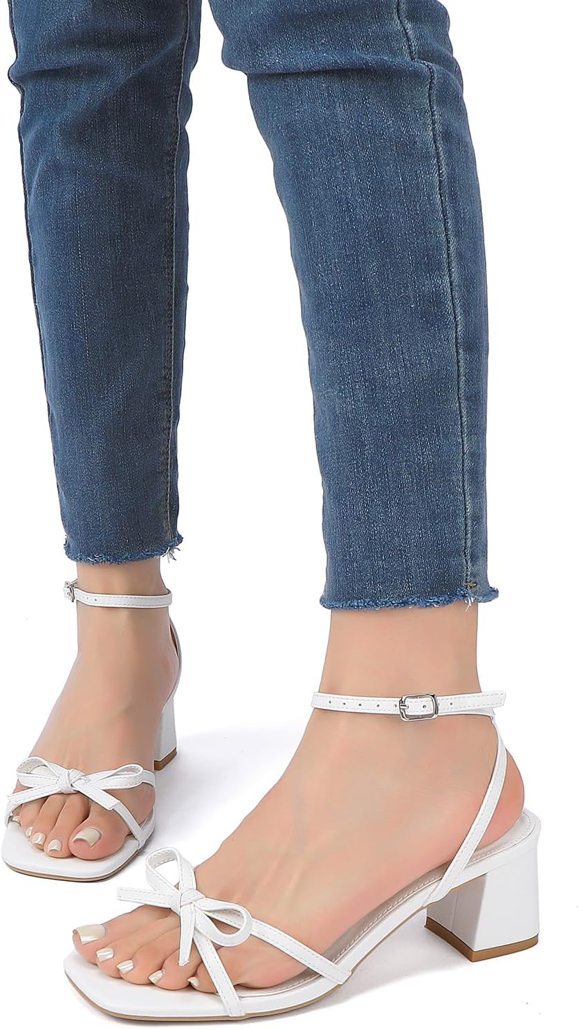 Women's Bow Strappy Heels Block Chunky Square Open Toe Low Heels Dress Sandals for Wedding Party