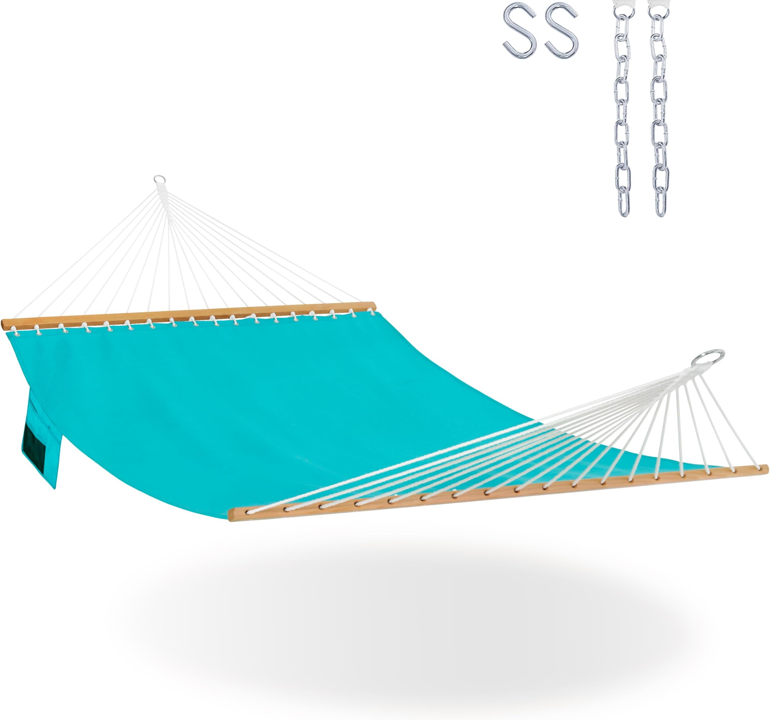 11 FT Double Outside Hammock Quick Dry Olefin Fabric Hammock with Spreader Bar & Side Pocket for Outdoor Poolside Backyard 450 lbs Capacity, Turquoise