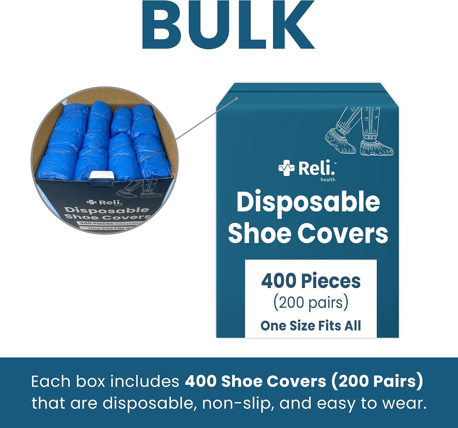 Reli. Shoe Covers, Disposable | 400 Pack (200 Pairs) - One Size Fits All | Non Slip, Disposable Shoe Covers for Indoors | Disposable Booties Shoe Protector - Waterproof, Plastic Single Use | Blue
