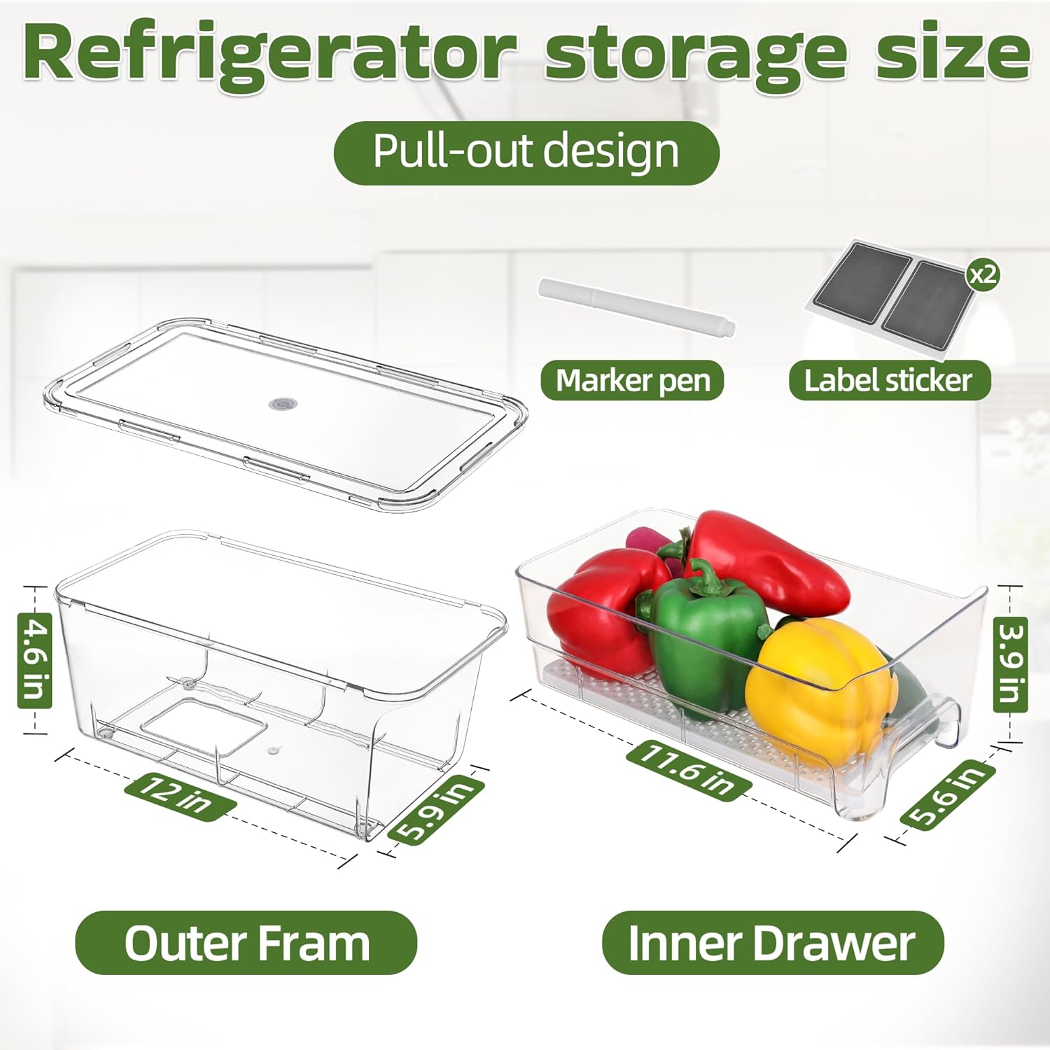 Large Fridge Organizer Drawers, 4 Pack Clear Pull-Out Refrigerator Organizer Bins, Stackable Fruit and Vegetable Storage Containers for Kitchen, Refrigerator, Pantry