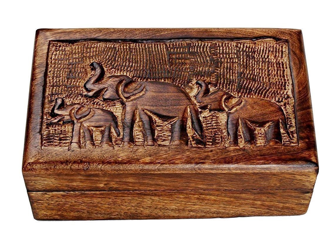 Rastogi HandicraftsWooden Box Multipurpose with Hand Carving Elephant Design 6x3x2 INCH for Jewelry Trinket