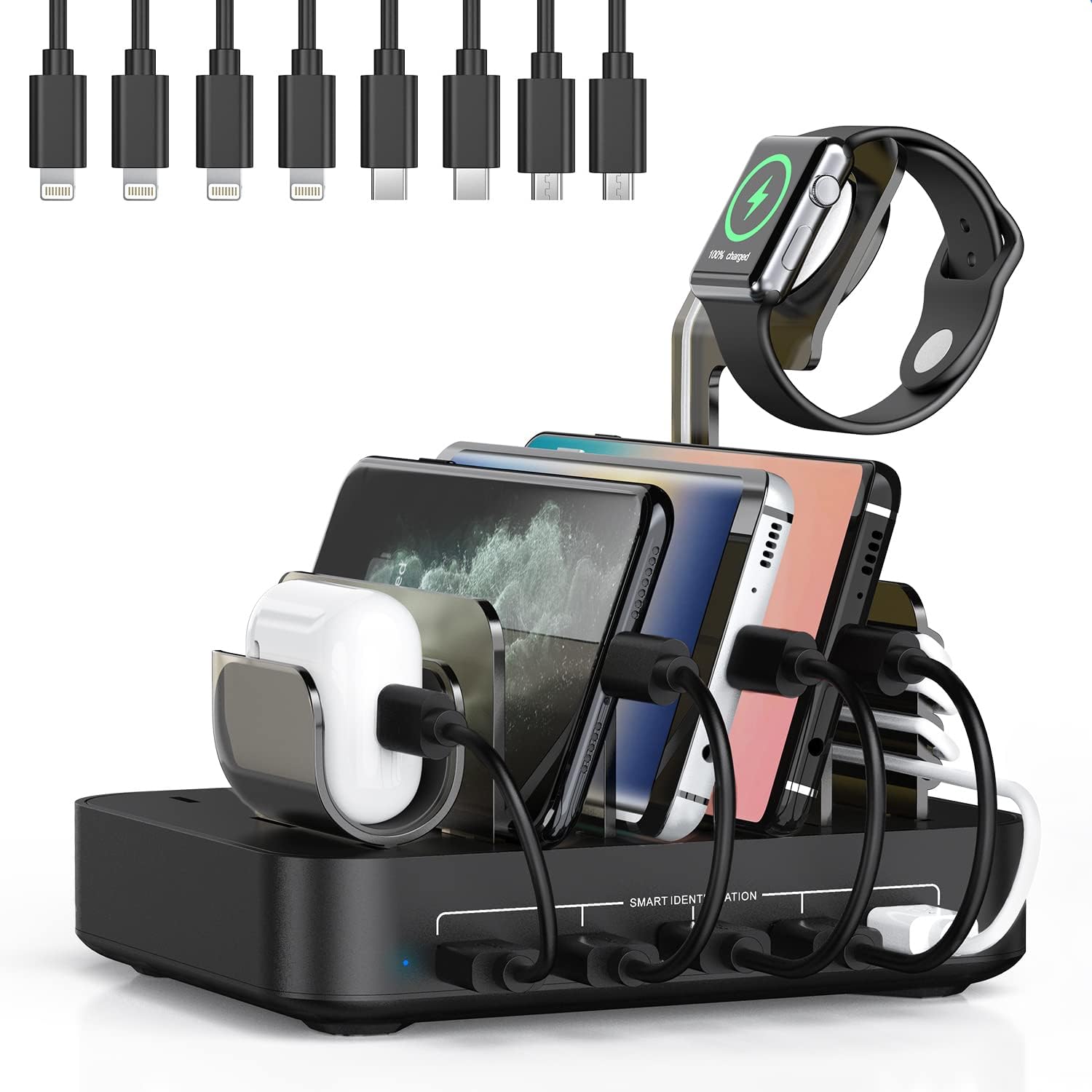 Charging Station for Multiple Devices, 5 Port USB Charging Station Dock, Compatible with iWatch & Airpod Stand Compatible with iPhone, iPad, Cell Phone, Tablets (Black)