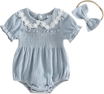 Giraropa Newborn Baby Girl Clothes Summer Smocked Bubble Romper Bodysuit Embroidery Short Sleeve Onesie Cute Infant Outfits