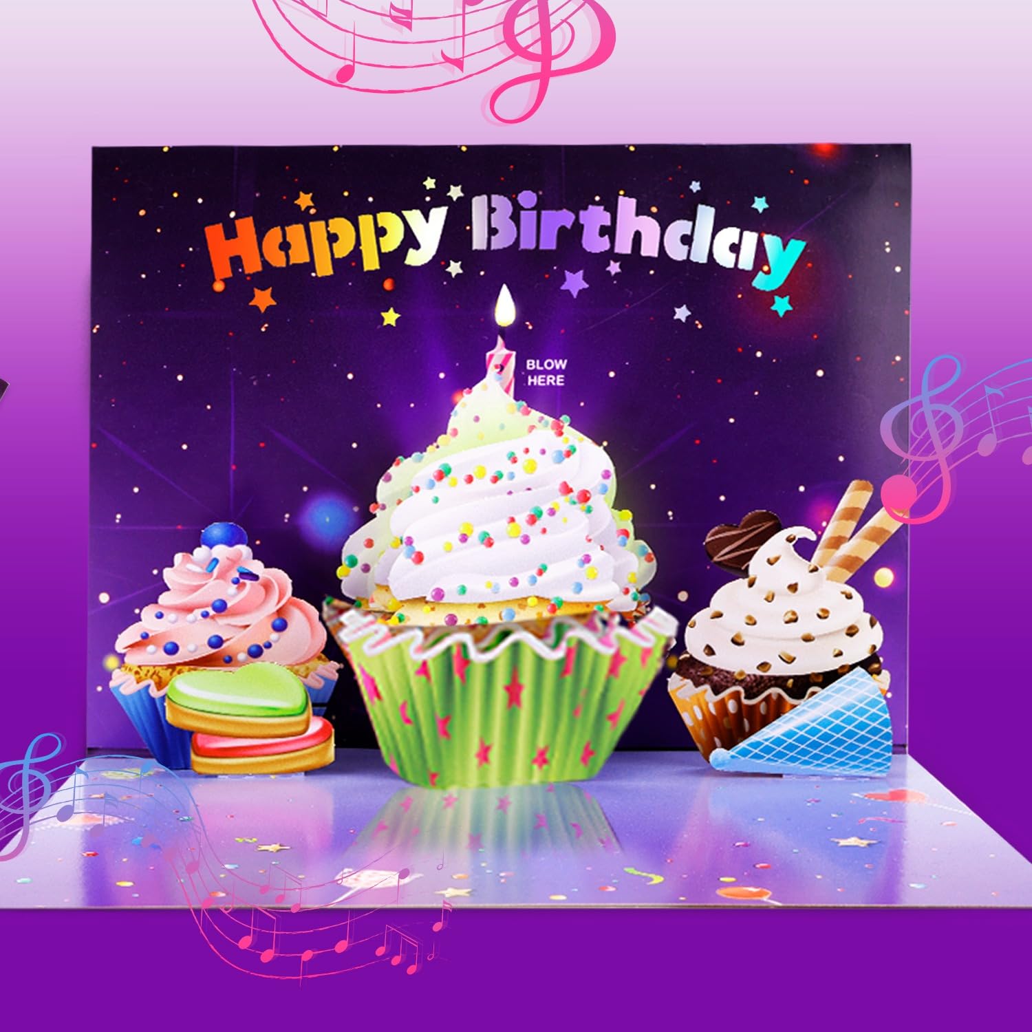 Tarjeta de feliz cumpleaños 3D emergente | Tarjetas de felicitación con luces musicales | Soplar la vela | Tarjeta desplegable de pastel de magdalenas | Reproduce una canción de feliz
