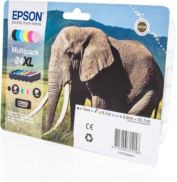 102132 - Epson Elephant 24XL (RF/AM) High Capacity 6 Colour Multipack Ink Cartridge (Black, Cyan, Magenta, Yellow, Light Cyan, Light Magenta) for Epson Expression Photo: XP-750/XP-850