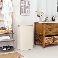Vista 9 de StorageWorks Cesta de lavandería grande de 100 L con tapa, cesta de lavandería alta con asas de bambú y 1 bolsa interior extraíble, cesta de Beige