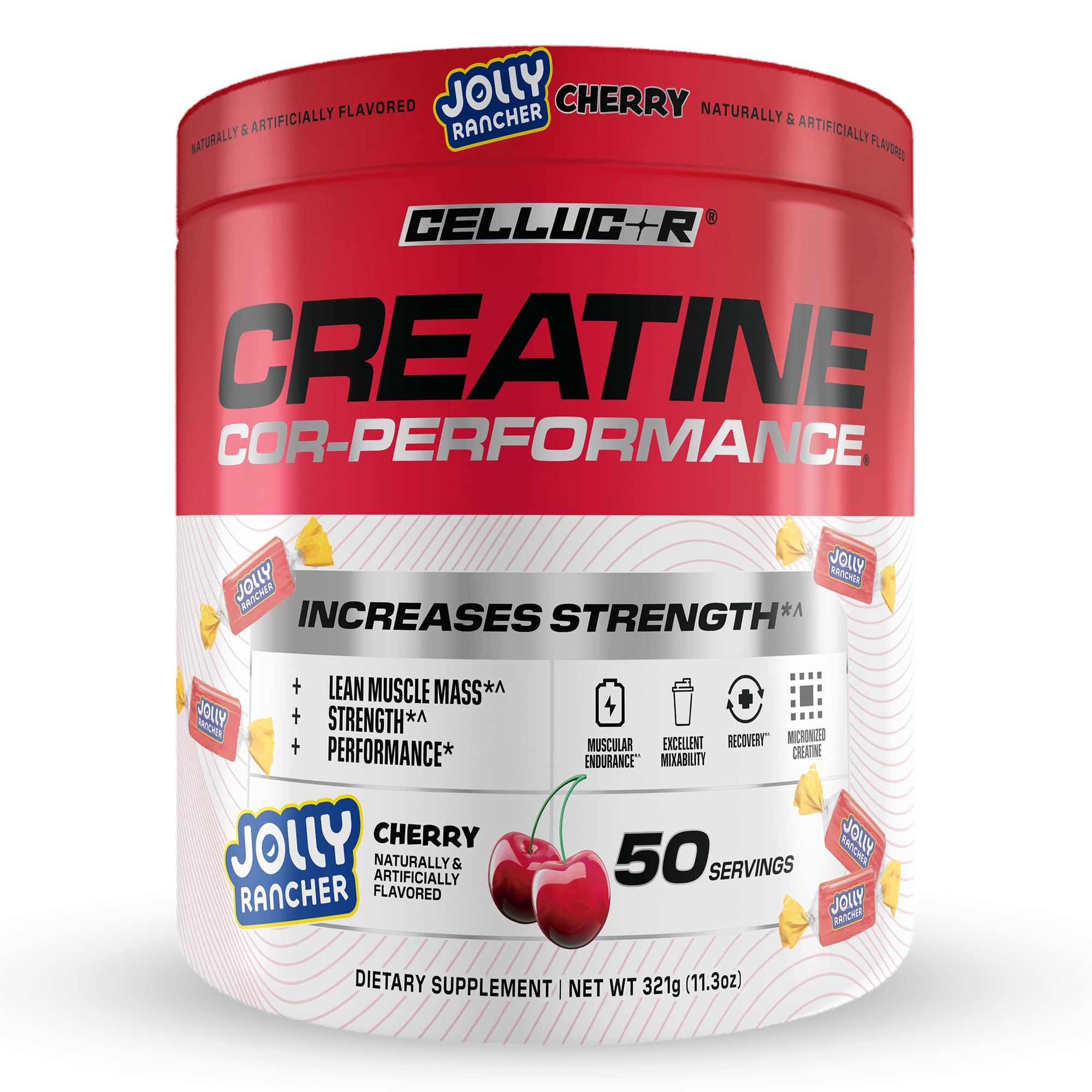 Cellucor Creatine Powder, Jolly Rancher Cherry- Increases Strength, Lean Muscle Mass & Endurance, Micronized Creatine for Fast Absorption, 5g Creatine per Serving, 50 Servings