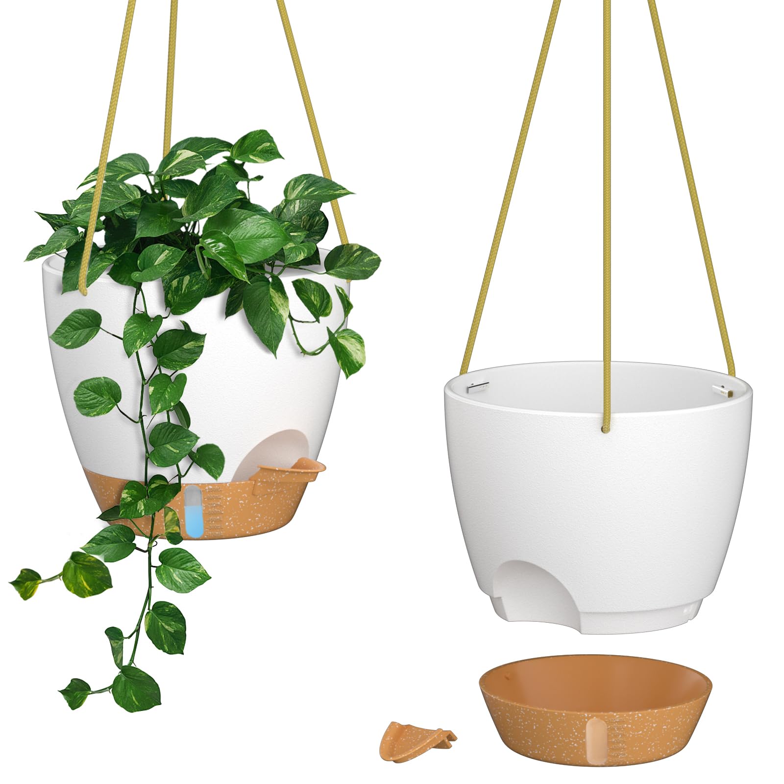 ZMTECH 2 Pack 25cm Hanging Plant Pots with Water Inlet Selfwatering Planters with Drainage Holes Saucer Plastic Flower Pot for Indoor Outdoor Plants (White)