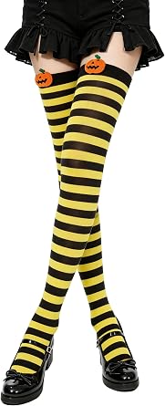 Utaly Halloween Thigh High Socks for Women & Girls Striped Pumpkin Over Knee Stockings Cosplay, Party, Costume Accessory