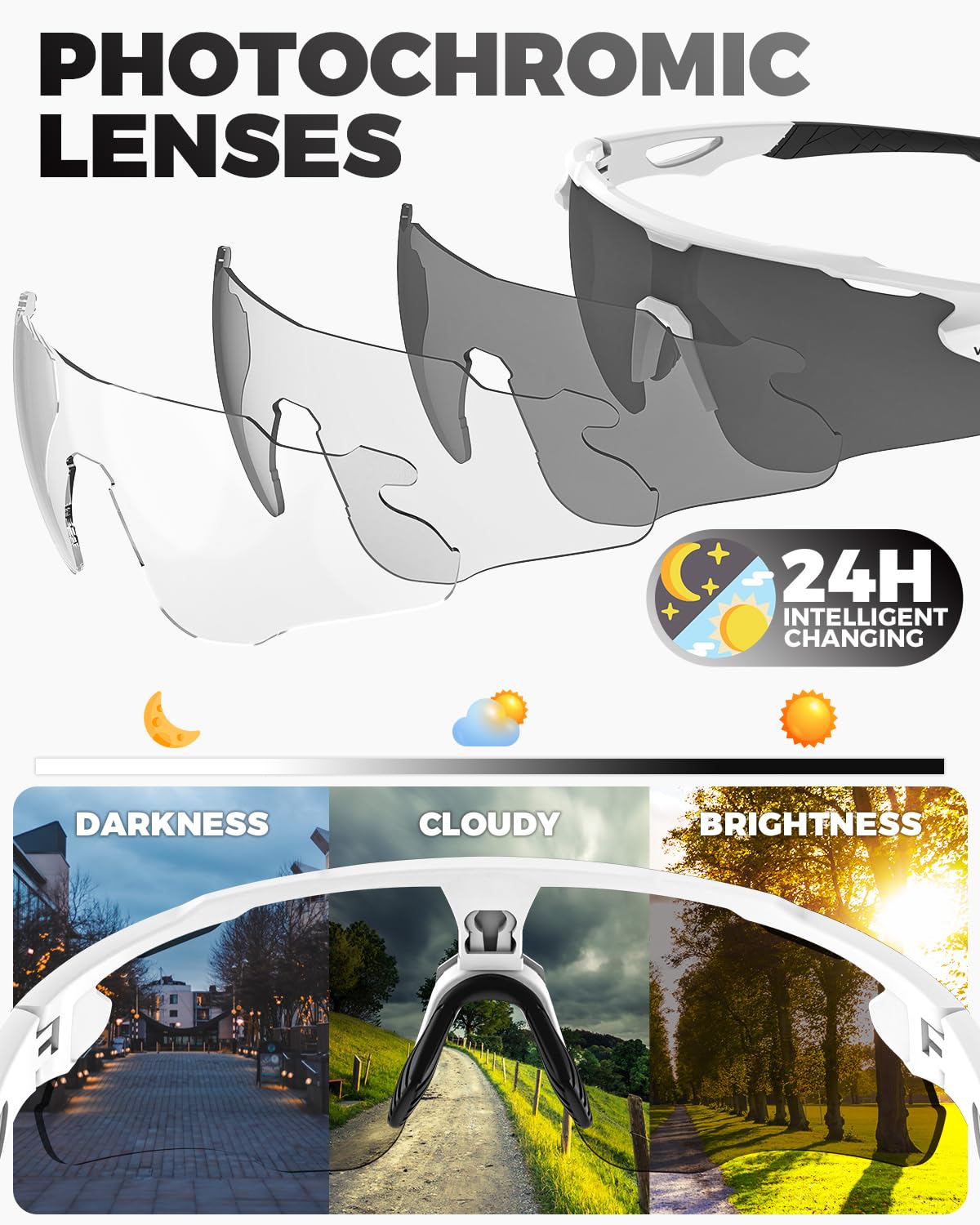 Victgoal Running Glasses Photochromic Sunglasses for Men Women with TR90 Frame UV Protection Sports Cycling Glasses (White) - Image 2