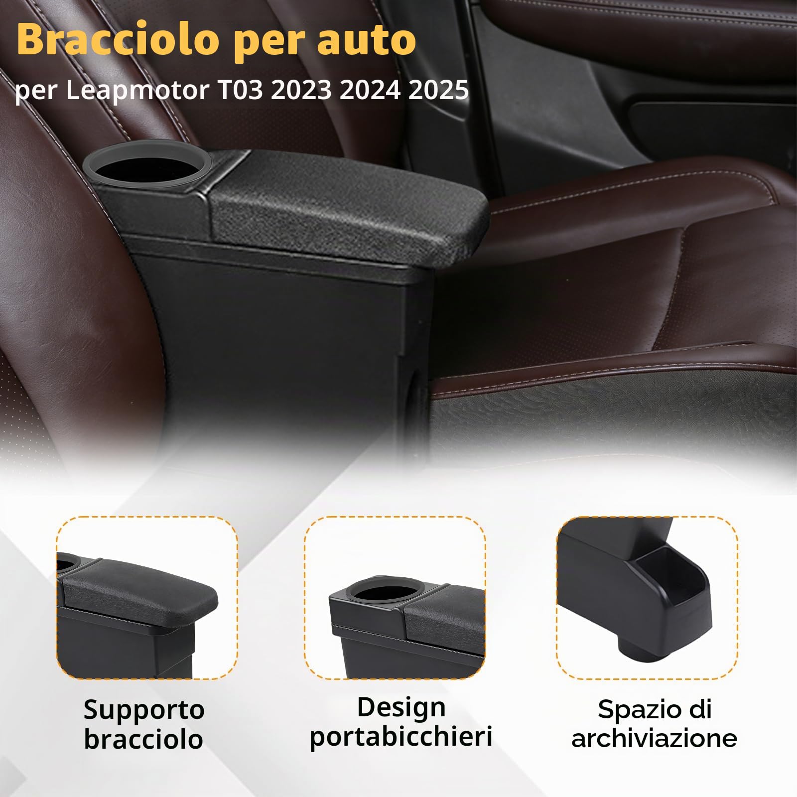Scatola portaoggetti centrale per Leapmotor T03 2023-2025, bracciolo per auto con poggiabraccio estensibile, portabicchieri e vano portaoggetti centrale con scomparto guanti