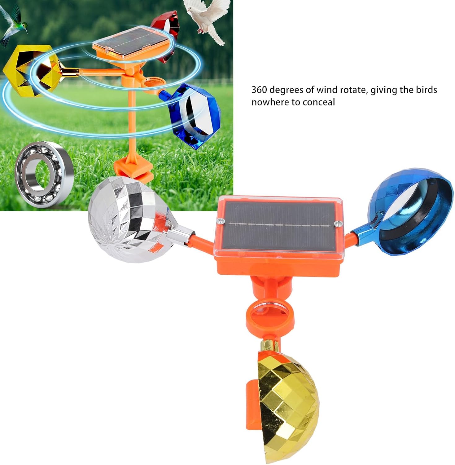 Solar Powered Bird Deterrent Device, Outdoor Visual Bird Scarer with Sound and Light, 360° Rotating Reflective Prism for Garden Orchard Roof, Rainproof Bird