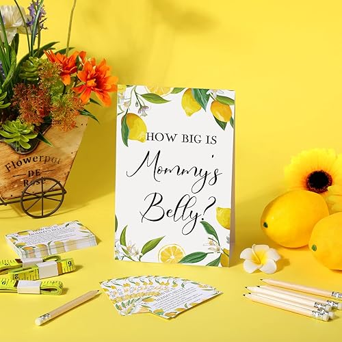 Miniatura 4 de Sabary 64 juegos de baby shower incluyen How Big is Mommy's Belly Sign Bump Game 50 tarjetas, 10 lápices, 3 cintas métricas para baby shower,