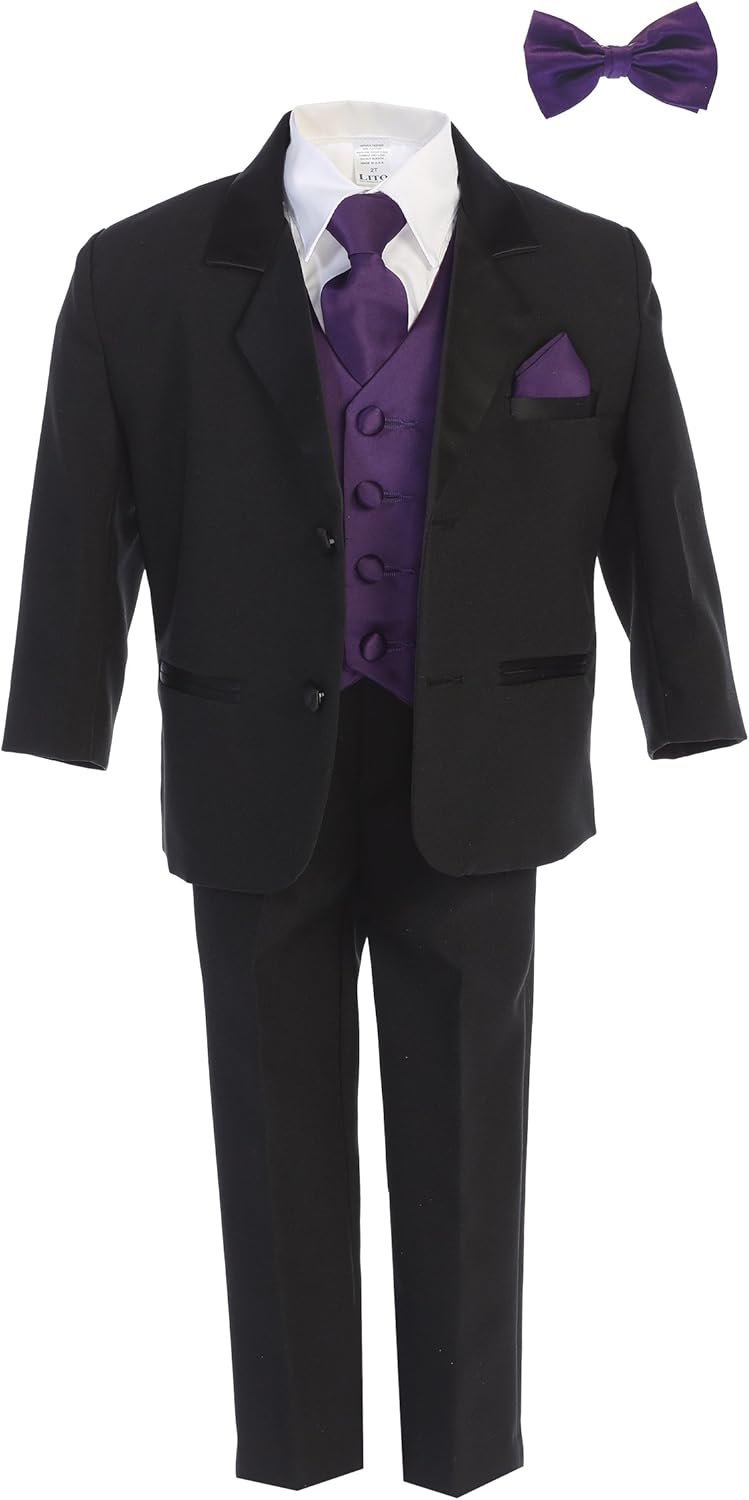 Boys Tuxedo Suit Black with Purple Vest - Toddler Tuxedo for Wedding and Communion - Modern Fit (Size 5)