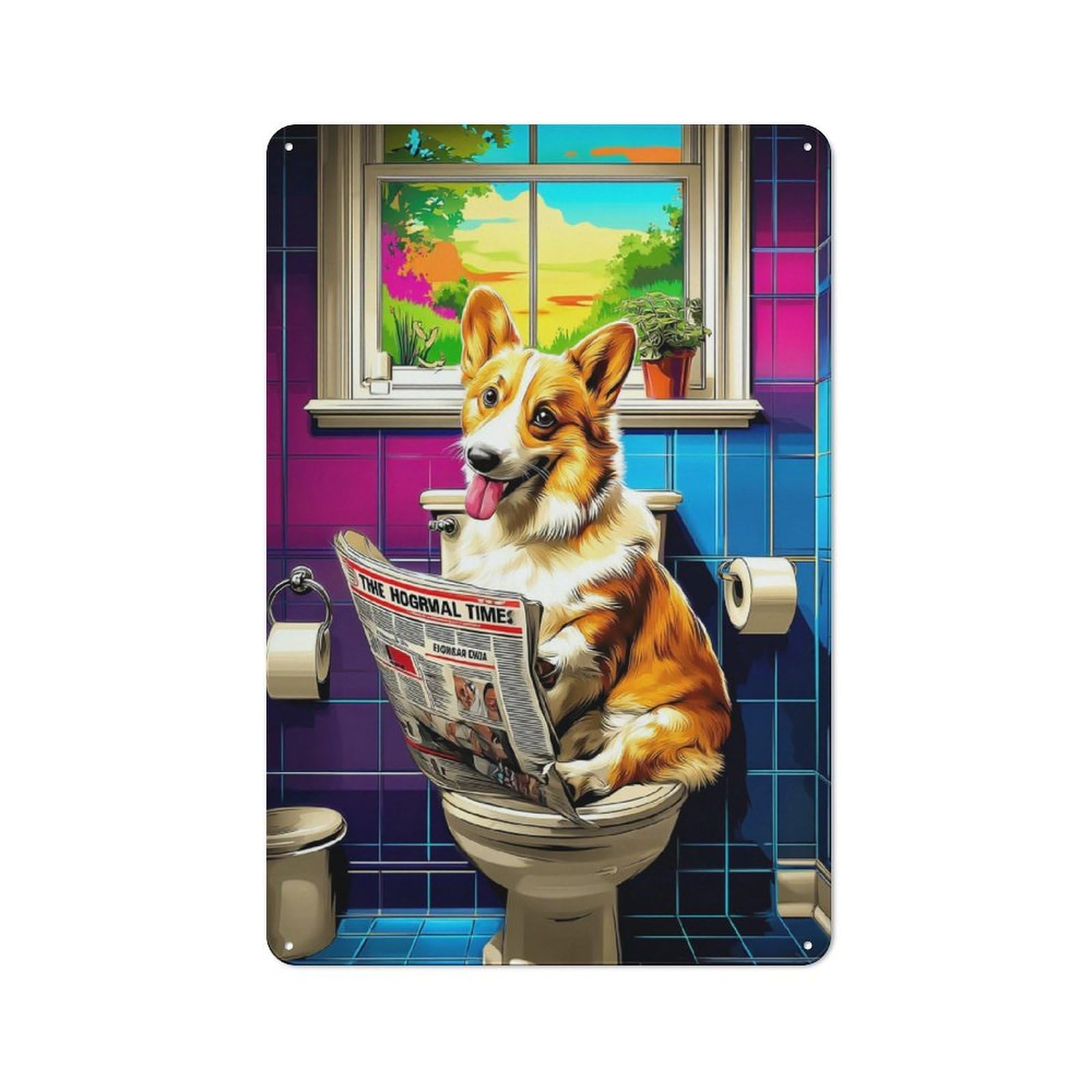 Junmoney Corgi Reading Newspaper In Bathroom -1 Rustic Tin Wall Plaque 30X20cm For Bar Or Restaurant, For Vintage Wall Decor Fans, For Garage And Workshop Walls