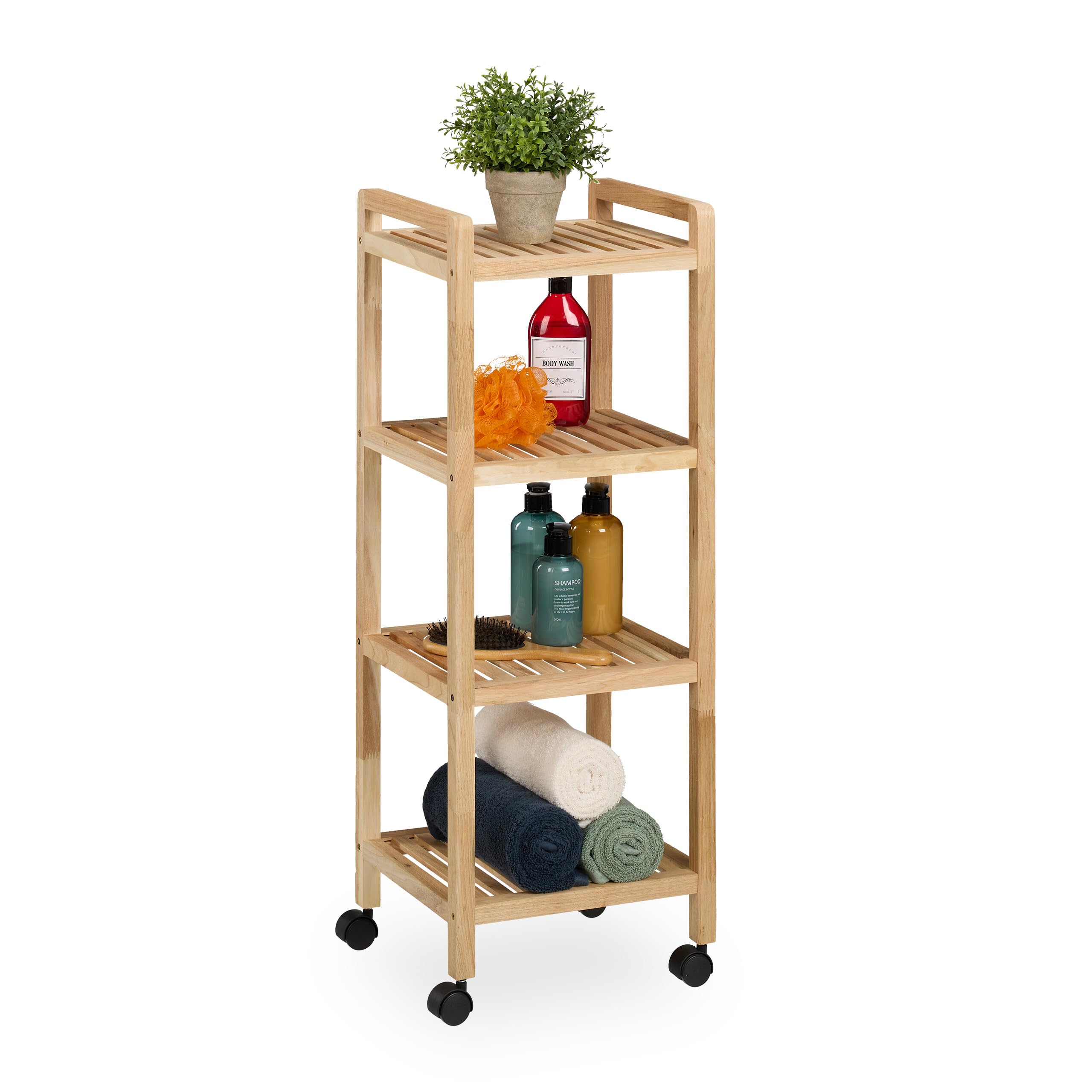 Relaxdays Mobile da Bagno con 4 Ripiani, Mobiletto su Ruote, Scaffale in Legno da Cucina, 97x35x31 cm, Marrone Chiaro