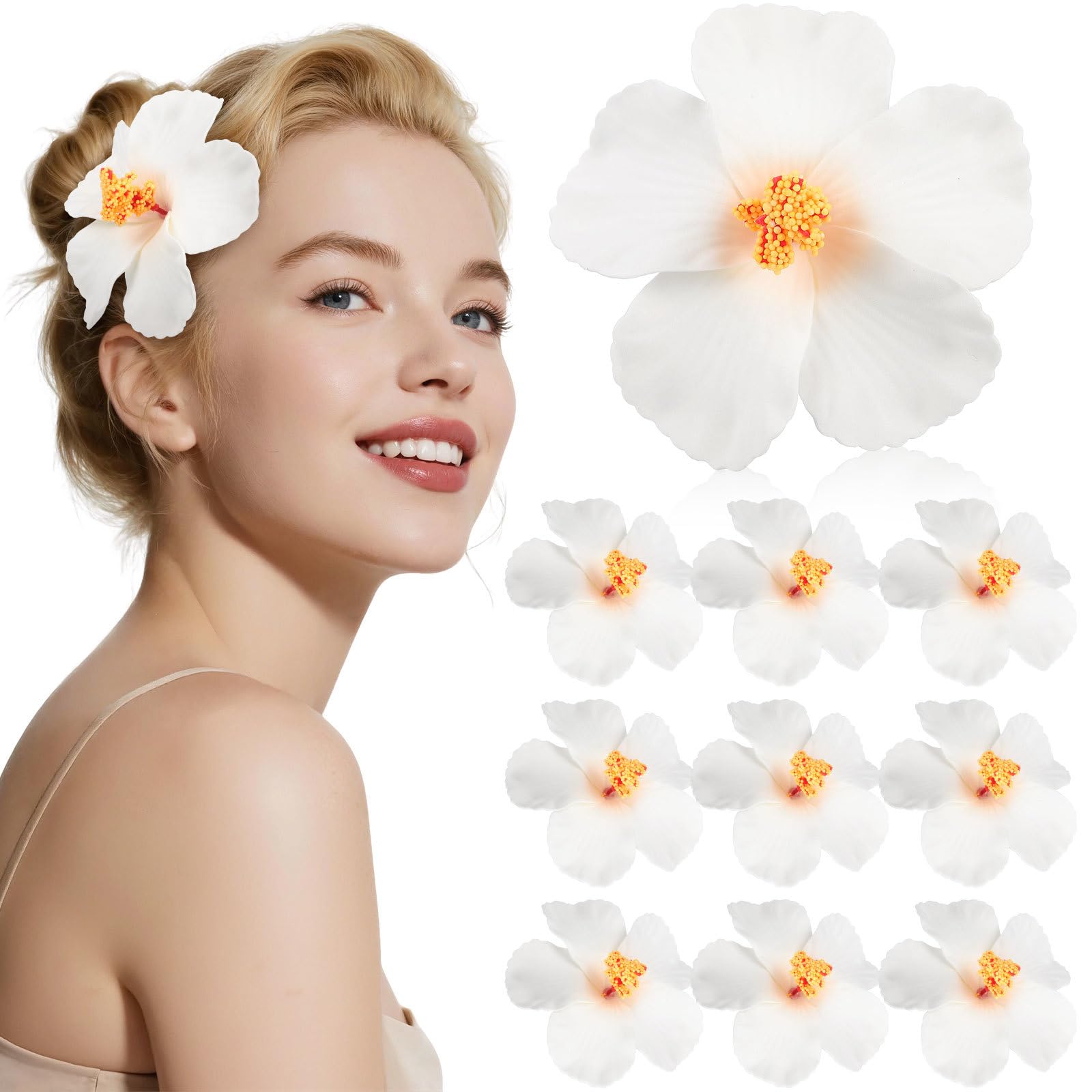 Baluue 10pcs Artificial Hibiscus Flower Heads - White Hawaii Flowers for Wedding And Luau Party Decor - Eva Tropical Blooms for Diy Hair Accessories And Table Scatters - White