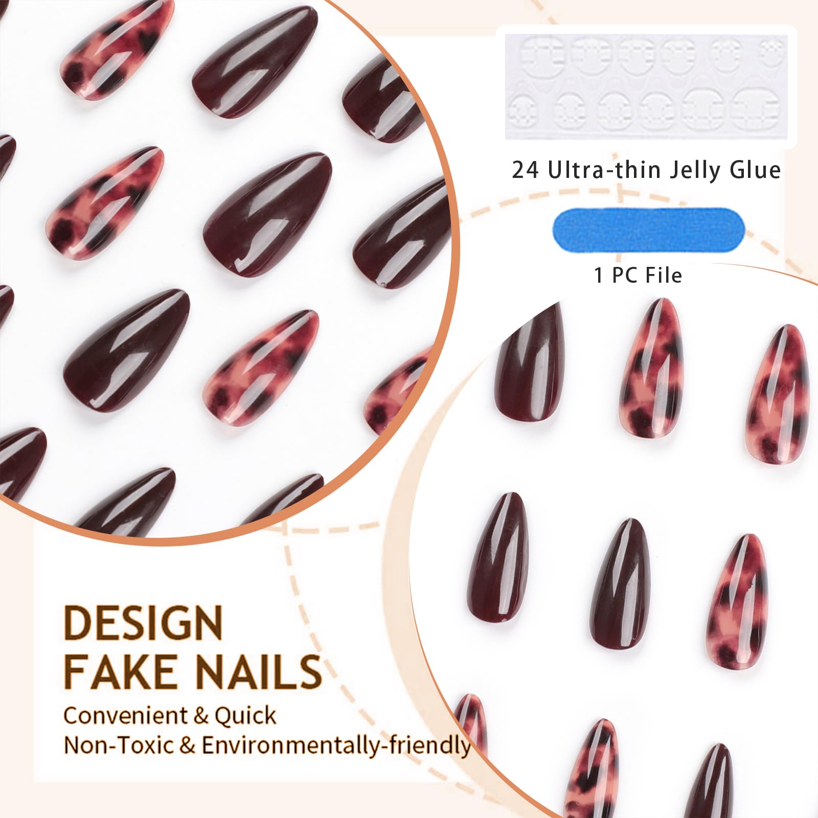 GlamRays 24 sztuki Brown Press on Nails Leo średni mandaryński sztuczne paznokcie nadruk lampart paznokcie jesień klejone paznokcie akrylowe Stiletto sztuczne paznokcie