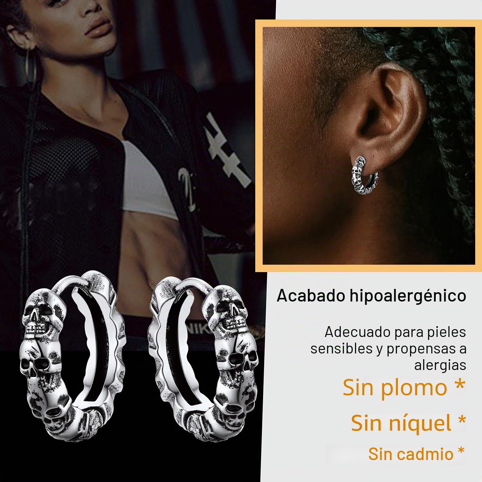 PROSTEEL Un Par de Pendientes Calaveras Gótico Punk Halloween, Piercings de Oreja Aros/Tuercas con Cabeza de Demonio, Acero Inoxidable