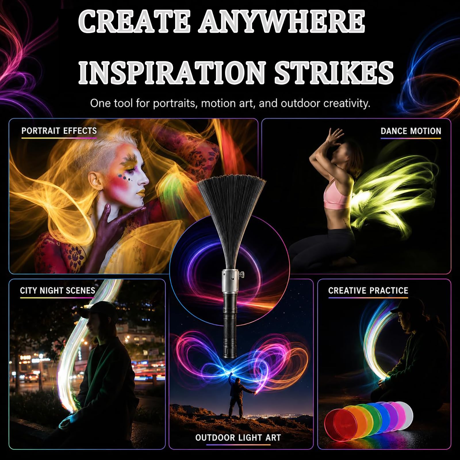 Herramienta De Pintura con Luz De Fibra óptica Negra, Pinceles para Pintar con Luz con Linterna De 1300 Lúmenes, Fibra óptica Negra Ultrafina De 0,25 Mm, para Fotografía Creativa