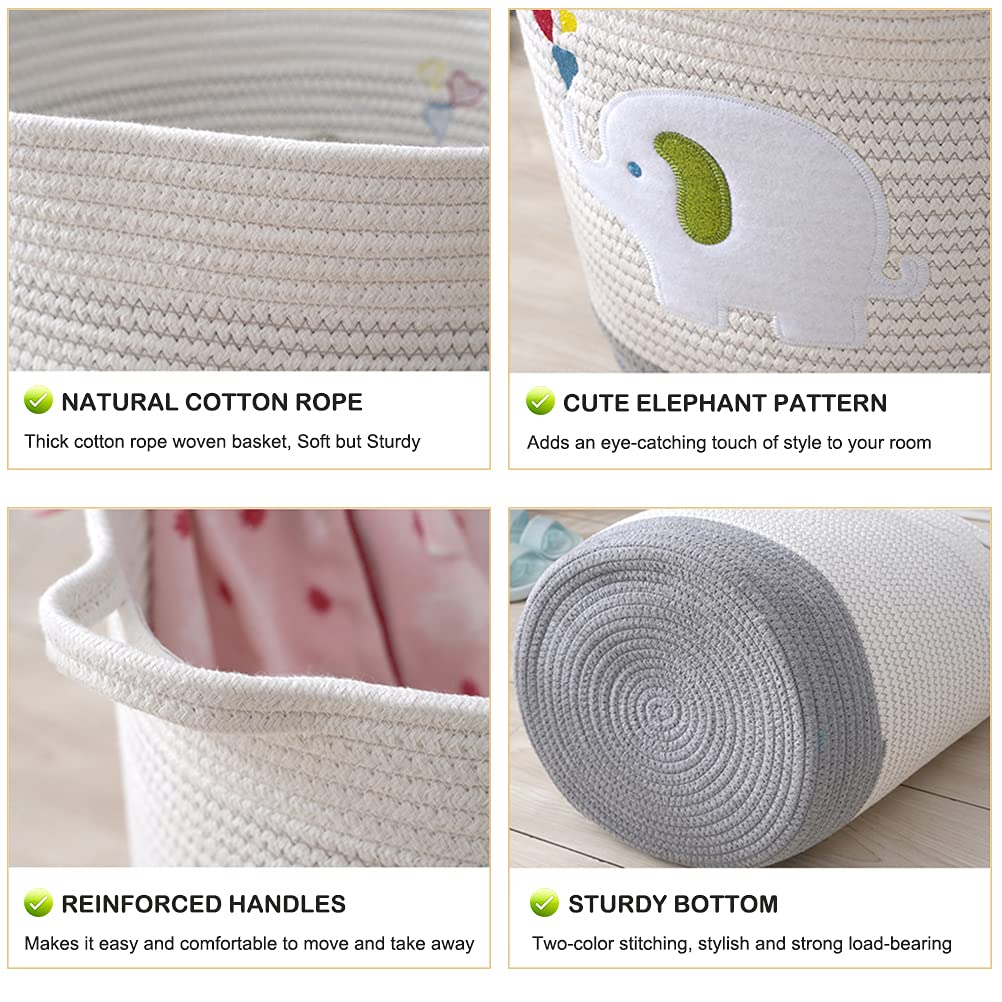 OYHOMO Baumwoll-Seilkorb Mit Elefanten-Deko - Großer Aufbewahrungskorb Für Spielzeug & Babywäsche