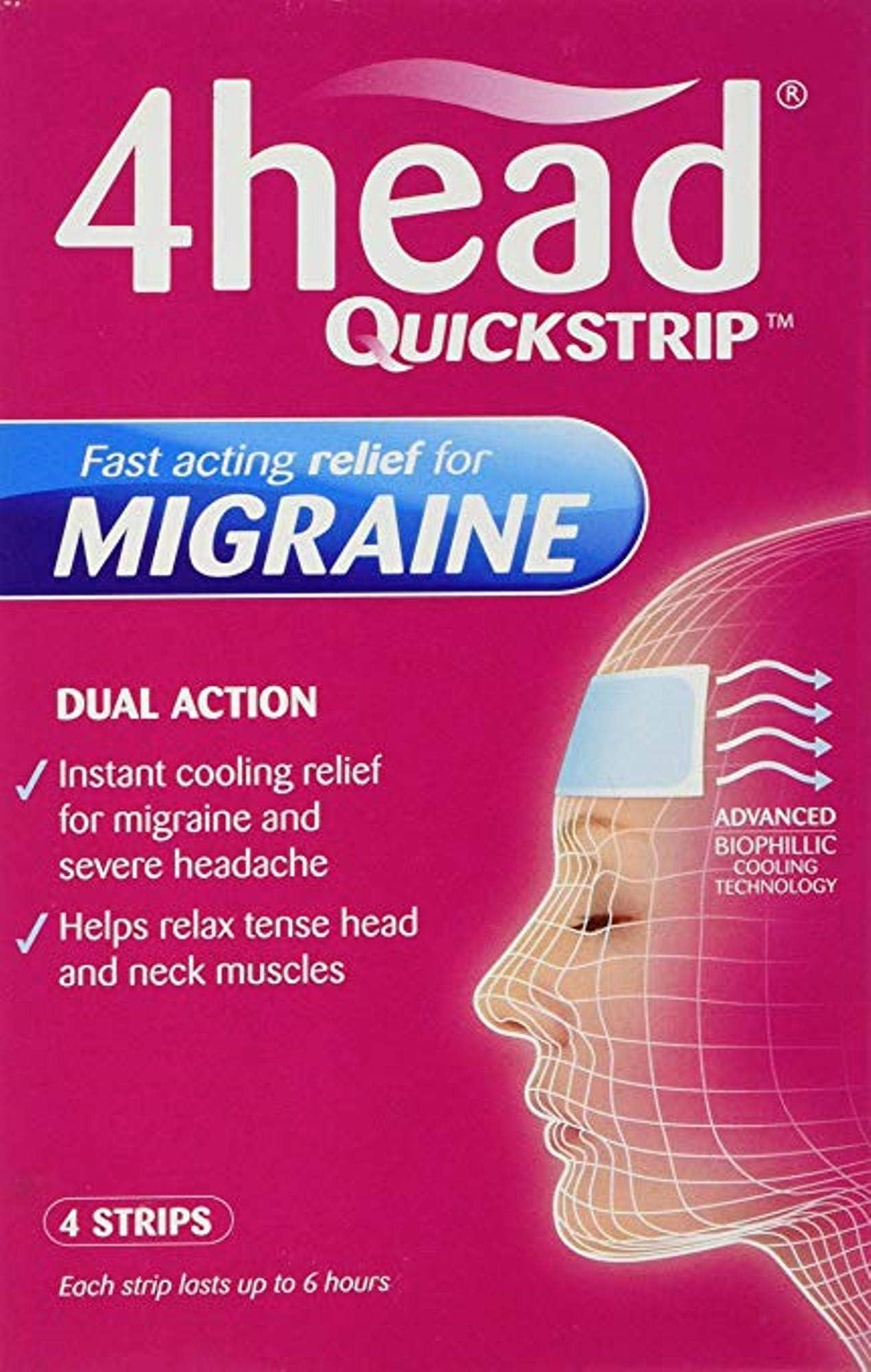 4HEAD QUICKSTRIP HEADACHE AND MIGRAINE RELIEF STRIPS - PACK OF 4 STRIPS
