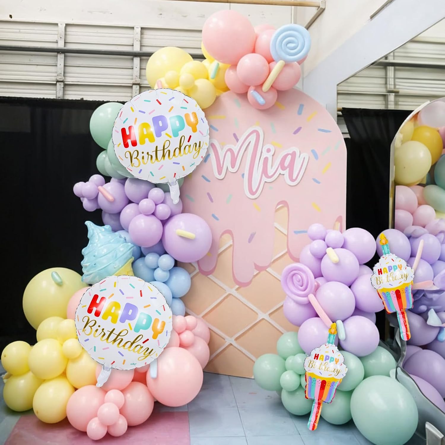 Happy Birthday Cupcake Cute Foil Balloons, Rainbow Sprinkle Happy Birthday Inflatable Mylar Round Balloon and Mini Cupcake Helium Balloons for Kids Children Girls Sweet birthday Party Decorations thumbnail