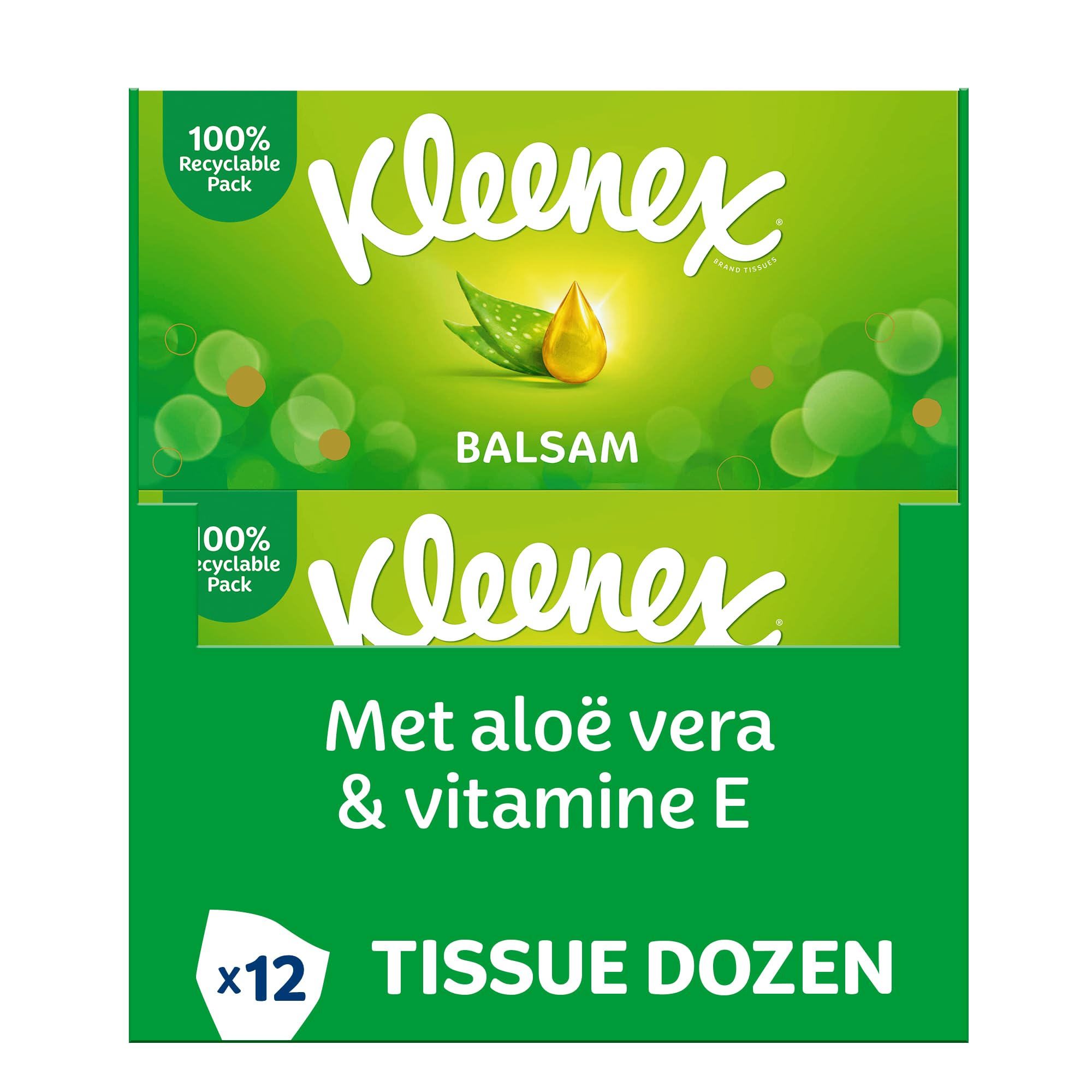 Kleenex Tejidos de bálsamo - 12 cajas de pañuelos - 768 pañuelos - 12 x 64 Piezas - Embalaje de ventaja - con bálsamo de caléndula - previene una nariz roja