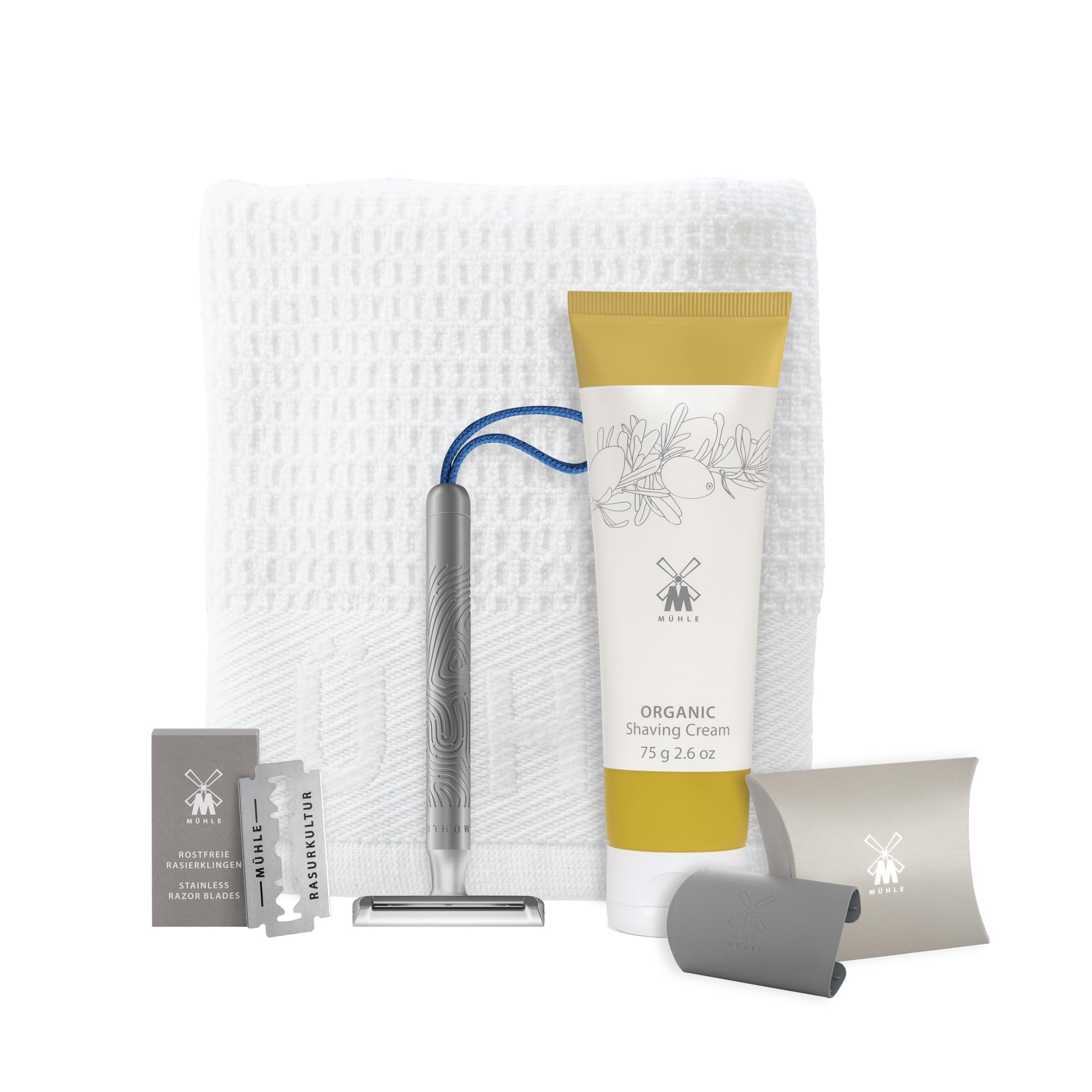 MÜHLE Companion Rasierset 5 tlg. - Unisex Sicherheitsrasierer mit blauer Kordel, Klinge, Creme, Tuch – vegan, nachhaltig