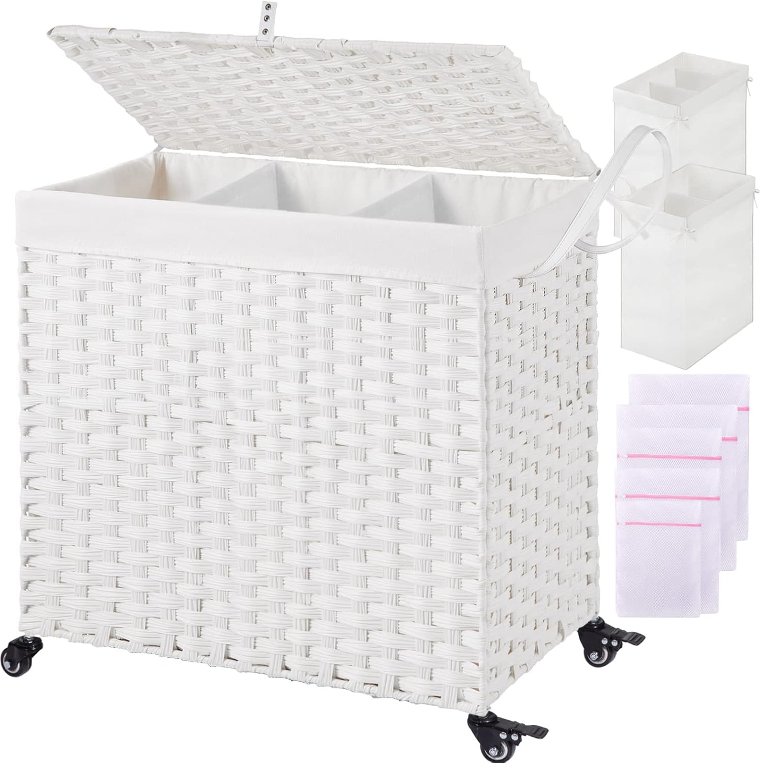 Greenstell Laundry Hamper with Wheels&Lid, 125L Large 3 Sections