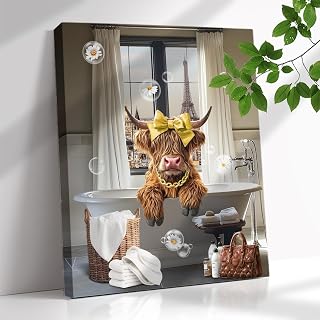 Highland Cow Funny Bathroom Decor Wall Art Cute Cow Animal Canvas Pictures Wall Decor Rustic Farmhouse Cattle Painting Framed Artwork For Bathroom Bedroom Home Decorations 12"x16"