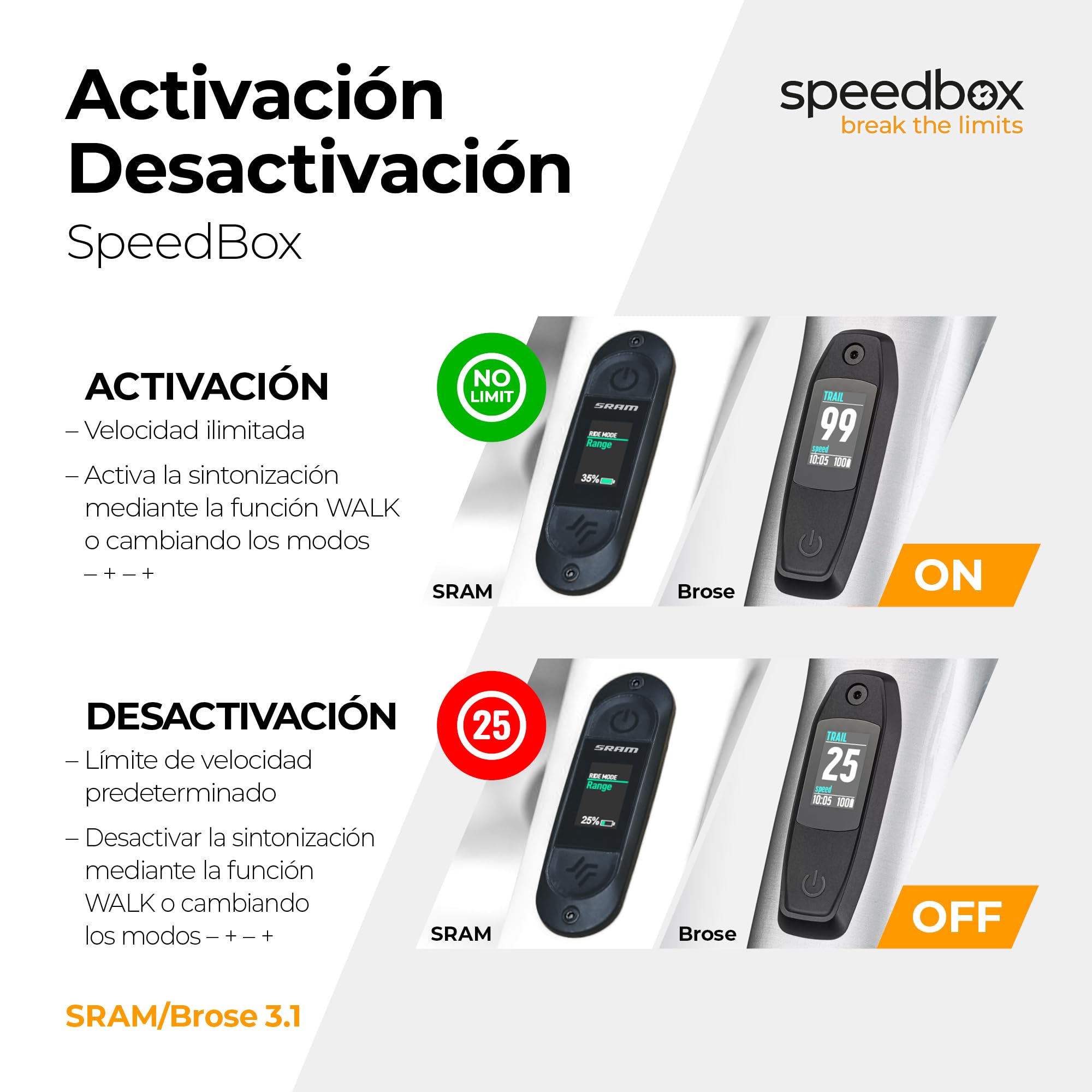 SpeedBox 3.1 Compatible con Brose/Specialized/SRAM Powertrain/Kit de Tuning para E-Bike/Velocidad ilimitada/Valores Reales/Velocidad Ajustable